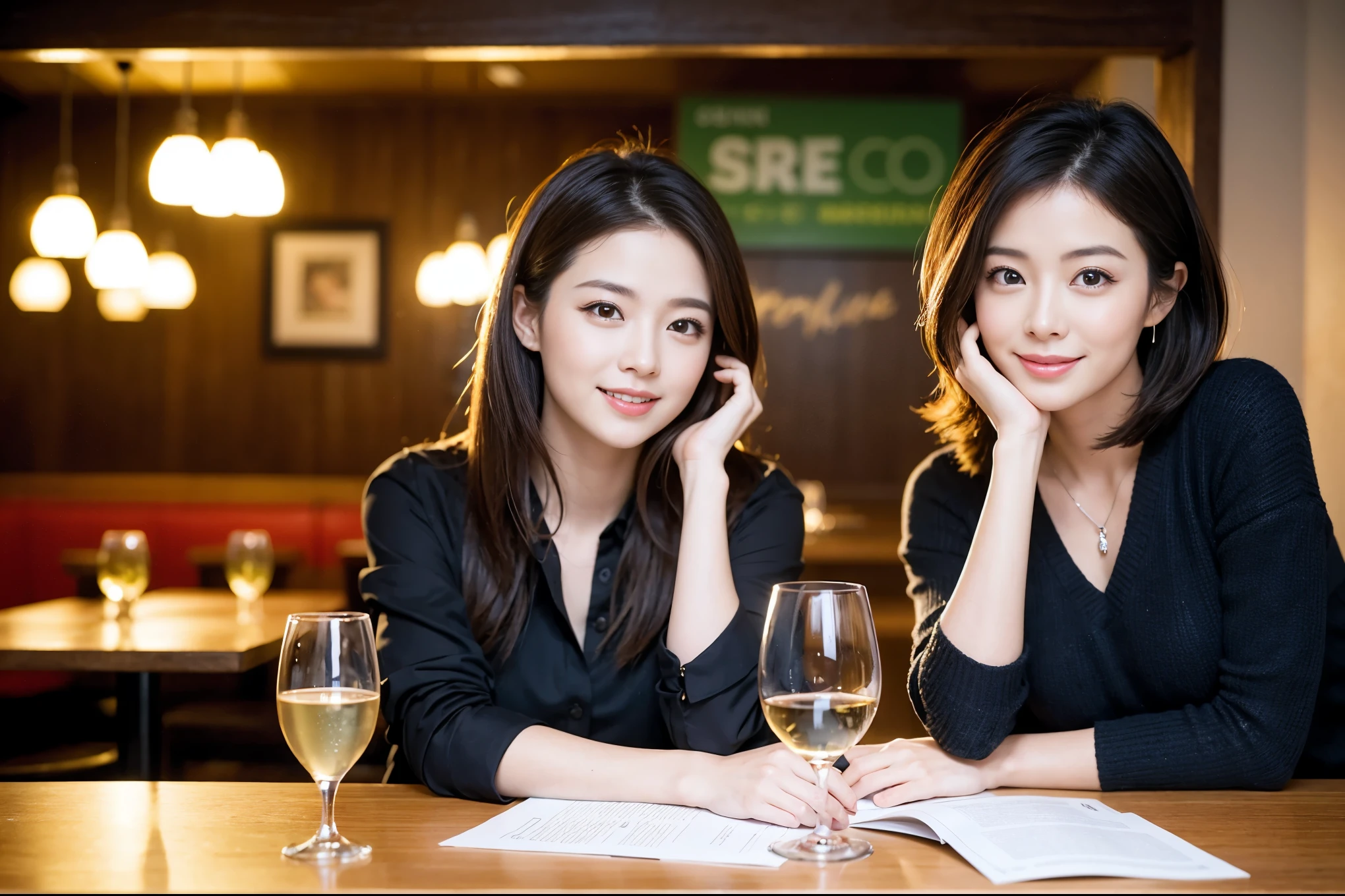 ((highest quality、8k、masterpiece:1.3))、1 male、1 woman who resembles Satomi Ishihara、Couple、Spouse、Couple、The body is slim、((Bob Hale、Straight hair:1.2)), (Realistic, Intricate details:1.2), Wine glass on the table、Put the light on your face、 Amazing view of the sunset sky and clouds、Amazing mountain views、A bright smile、The wonderfulness of smile、Bright image、The beauty of wine, Beautiful Face, blue eyes, The light shines on your face, Blushing, short hair,Bright Face、 (Age 42), 39 years old, red wine 、Appetizers、Italian food、Wine bottle、Champagne、sparkling wine、Two beauties、Brown Hair、Shortcuts、Long sleeve shirt、dress、Pretty Woman 1, (Slim face), (The body is slim), (Brown Hair), (Shortcuts), cheeks turn a little red,Attractive beauty、restaurant, In a prominent place (From the waist up) Nova Frog Style, actress, model, Upper Body, White wine, slim, wine glass, A wine glass placed in the center, smile, (smile: 1.15), Beautiful fine grain, Depth f/2,saturation, High Contrast, Strong light and shadow,Moist Body:1.5、3D texture、Delicate eyes、Brown Hair、The hair is very shiny、