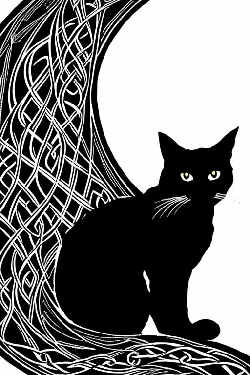 Celtic art style,ink art, pen and ink, (Best Quality,masutepiece:1.2),(black and white comic core:1.1),(extreme high contrast), SILHOUETTE, Dark ink, 1 black cat, side view,