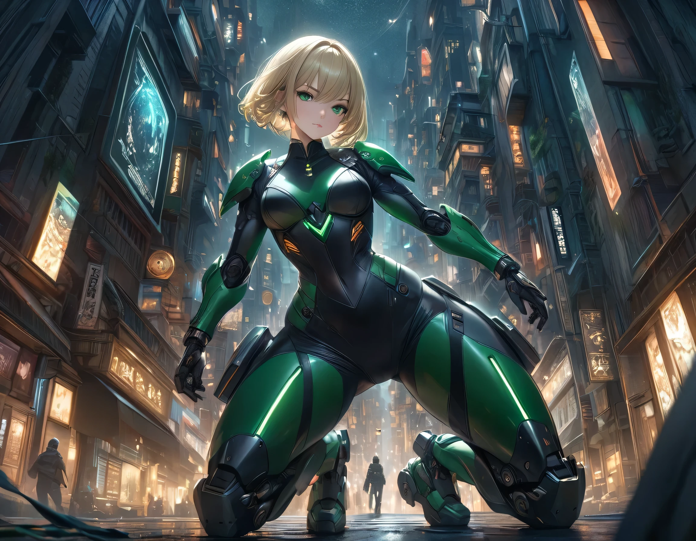 high details, best quality, 16k, [ultra detailed], masterpiece, best quality, (extremely detailed), full body, ultra wide shot, photorealistic, a picture of a woman assassin ready to combat in a dark alley, she holds a sword in hand, exquisite beautiful woman, she has pixie cut blond hair, emerald green eyes, she wears a tight leather suit, the suit has mecha gadgets,  she kneels in fantasy dark street of fantasy setting city, its night time, the moon is high in the sky, many stars in the night, high details, best quality, highres, ultra wide angle, DonMN1gh7XL, cybrk