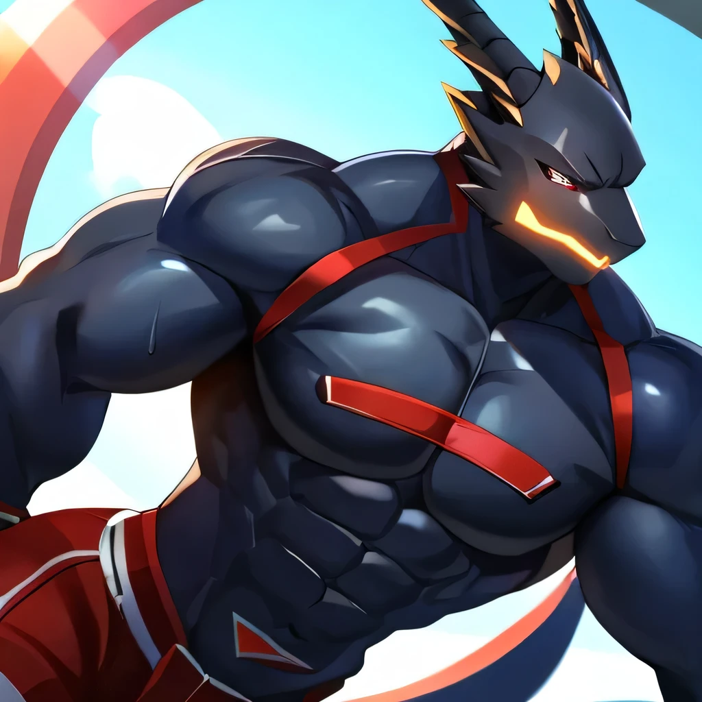 Thin macho　western black dragon　　abs　　　　　Hollow abs　　body suit　　thick arms　　　chest rig　　　、sweaty　　　skin glow　　profile　　Wearily　short of breath　　clenching one's back teeth　
jacket