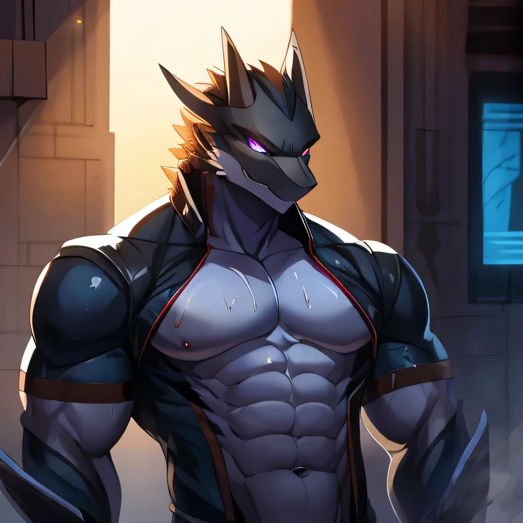 Thin macho　western black dragon　　abs　　　　　Hollow abs　　body suit　　thick arms　　　chest rig　　　、sweaty　　　skin glow　　profile　　Wearily　short of breath　　clenching one&#39;s back teeth　
jacket