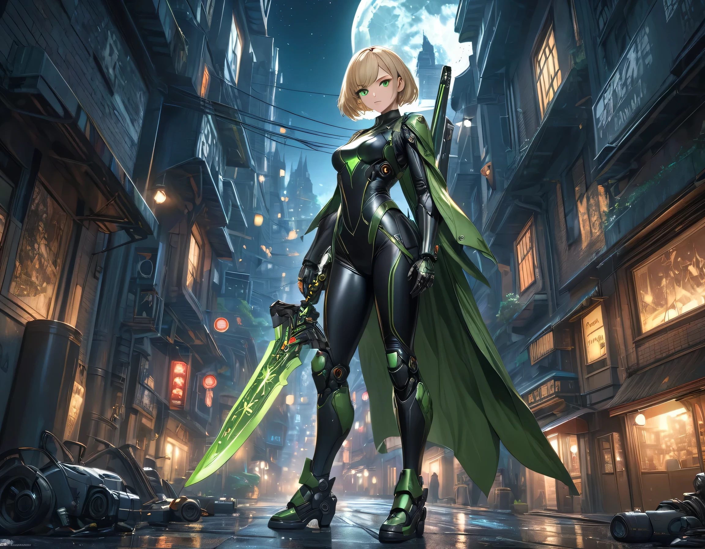 high details, best quality, 16k, [ultra detailed], masterpiece, best quality, (extremely detailed), full body, ultra wide shot, photorealistic, a picture of a woman assassin ready to combat in a dark alley, she holds a sword in hand, exquisite beautiful woman, she has pixie cut blond hair, emerald green eyes, she wears a tight leather suit, the suit has mecha gadgets,  she kneels in fantasy dark street of fantasy setting city, its night time, the moon is high in the sky, many stars in the night, high details, best quality, highres, ultra wide angle, DonMN1gh7XL, cybrk