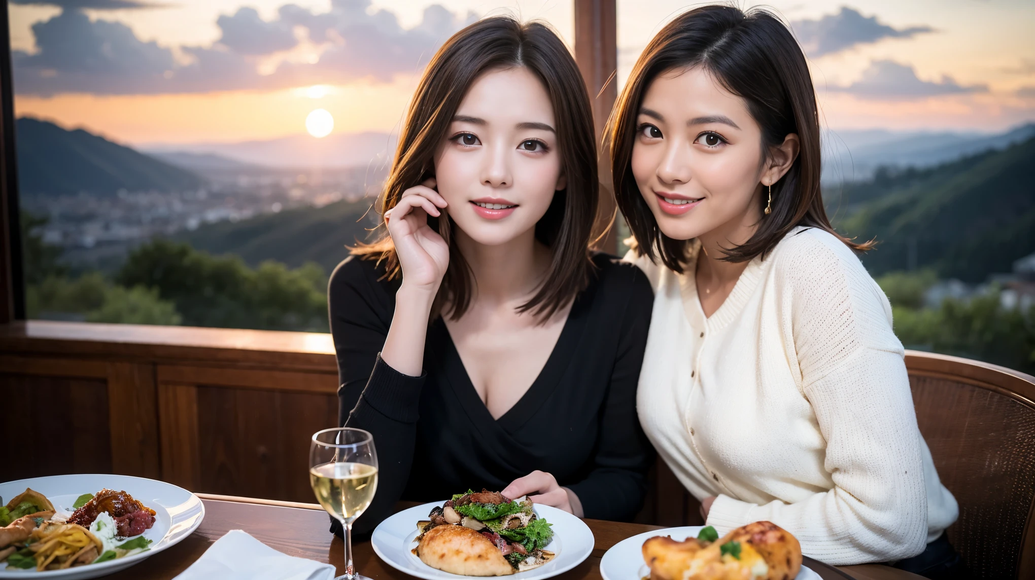 ((highest quality、8k、masterpiece:1.3))、1 male、1 woman who resembles Satomi Ishihara、Couple、Spouse、Couple、The body is slim、((Bob Hale、Straight hair:1.2)), (Realistic, Intricate details:1.2), Wine glass on the table、Put the light on your face、 Amazing view of the sunset sky and clouds、Amazing mountain views、A bright smile、The wonderfulness of smile、Bright image、The beauty of wine, Beautiful Face, blue eyes, The light shines on your face, Blushing, short hair,Bright Face、 (Age 42), 39 years old, red wine 、Appetizers、Italian food、Wine bottle、Champagne、sparkling wine、Two beauties、Brown Hair、Shortcuts、Long sleeve shirt、dress、Pretty Woman 1, (Slim face), (The body is slim), (Brown Hair), (Shortcuts), cheeks turn a little red,Attractive beauty、restaurant, In a prominent place (From the waist up) Nova Frog Style, actress, model, Upper Body, White wine, slim, wine glass, A wine glass placed in the center, smile, (smile: 1.15), Beautiful fine grain, Depth f/2,saturation, High Contrast, Strong light and shadow,Moist Body:1.5、3D texture、Delicate eyes、Brown Hair、The hair is very shiny、