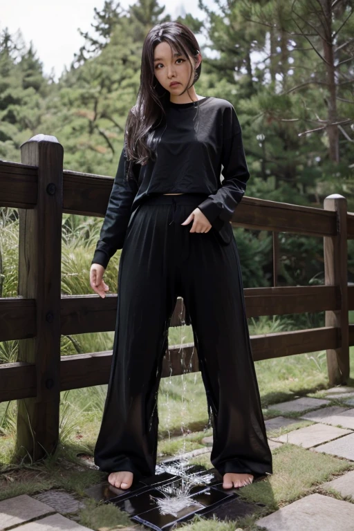 Japanese Girl sees the ghost and pees her black palazzo pants until her pants are wet in fright.