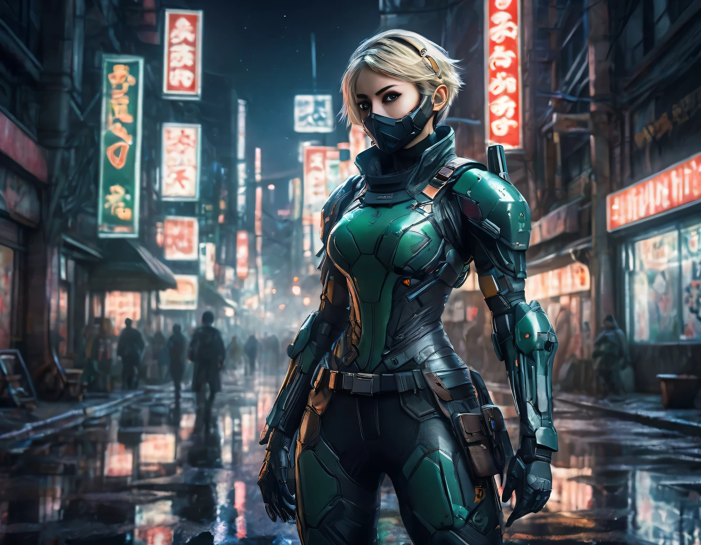 high details, best quality, 16k, [ultra detailed], masterpiece, best quality, (extremely detailed), full body, ultra wide shot, photorealistic, a picture of a woman assassin ready to combat in a dark alley, she holds a sword in hand, exquisite beautiful woman, she has pixie cut blond hair, emerald green eyes, she wears a tight leather suit, the suit has mecha gadgets,  she kneels in fantasy dark street of fantasy setting city, its night time, the moon is high in the sky, many stars in the night, high details, best quality, highres, ultra wide angle, DonMN1gh7XL, cybrk