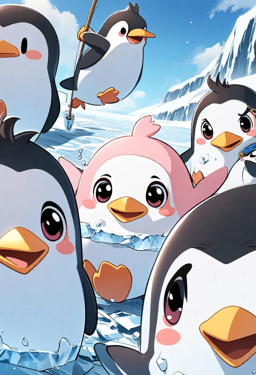 cute white and pink penguin , Drilling a hole in the ice and fishing、clear arctic sky,