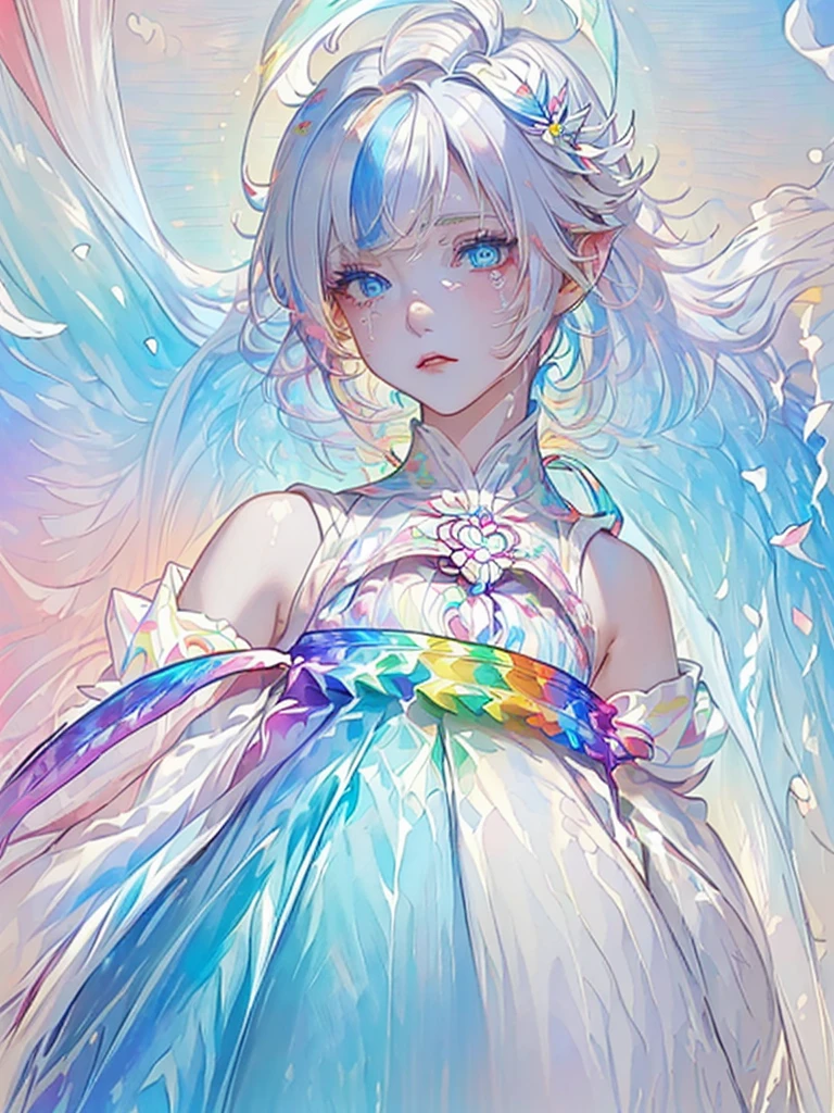 (Pink Fashion T-shirt:1.9),(Colorful hair: 1.8), (all the colours of the rainbow: 1.8),(((((vertical painting:1.6))), (painting:1.6),front, comics, illustrations, paintings, large eyes, crystal clear eyes,( rainbow color gradient high ponytail:1.7), exquisite makeup, closed mouth,(Small Fresh: 1.5),(Wipe Chest: 1.6) ,long eyelashes, white off shoulder T-shirt, White Shoulder Shirt,looking at the audience, large watery eyes, (rainbow colored hair:1.6), color splash, (solo:1.8), color splash, color explosion, thick paint style, messy lines, ((shining)),(colorful), (colorful), (colorful), colorful, Thick Paint Style, (Splash) (Color Splash), Vertical Painting, Upper Body, Paint Splash, Acrylic Pigment, Gradient, Paint, Highest Image Quality, Highest Quality, Masterpiece, Solo, Depth of Field, Face Paint, colorful clothes, (Elegant: 1.2), gorgeous,long hair, wind, (Elegant: 1.3), (Petals: 1.4),(((masterpiece))),(((best quality))),((ultra-detailed)),(illustration),(dynamic angle),((floating)),(paint),((disheveled hair)),(solo),(1girl) , (((detailed anima face))),((beautiful detailed face)),collar,bare shoulders,white hair, ((colorful hair)),((streaked hair)),beautiful detailed eyes,(Gradient color eyes),(((colorful eyes))),(((colorful background))),(((high saturation))),(((surrounded by colorful splashes))),