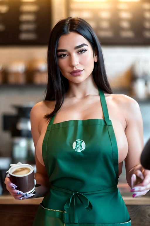 masterpiece, best quality, young woman ohwxDL, brown eyes, portrait, long black hair, looking at viewer, 4k, 8k, ultra highres, raw photo in hdr, sharp focus, intricate texture,realistic, detailed facial features, highly detailed face, posing,perfect lighting,long hair,makeup,smile, in a coffee shop, waist up shot, ((breasts under apron, coffee shop worker apron)), erect nipples under cloth,