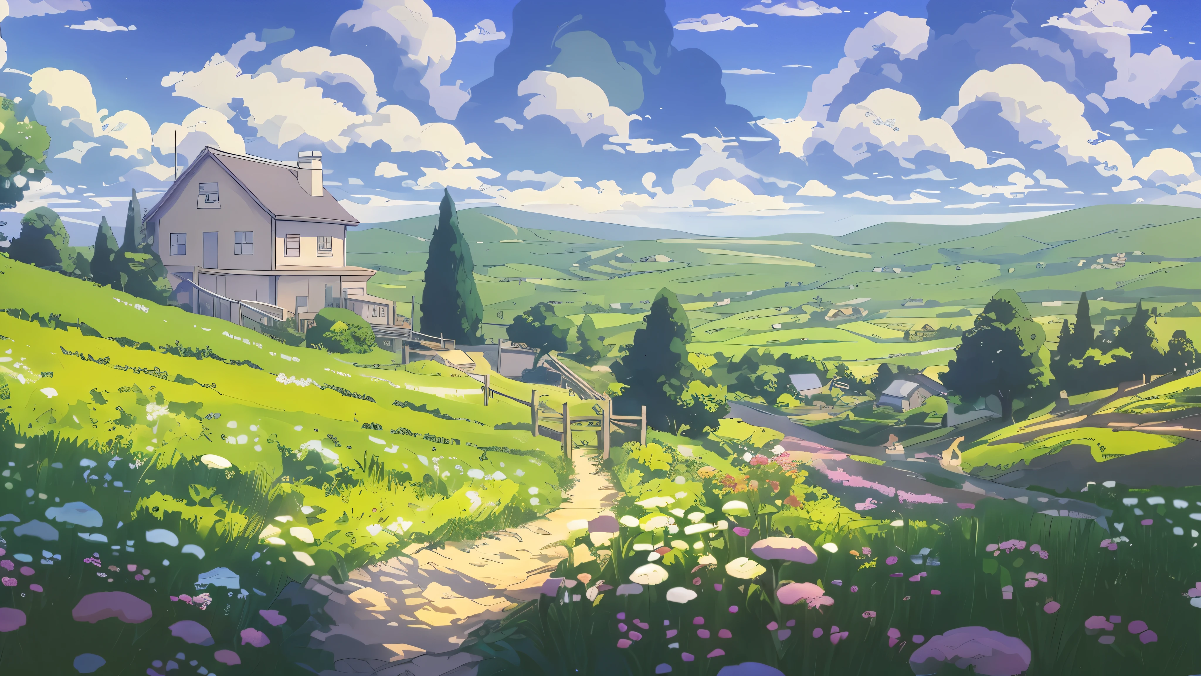Animated landscape with a house and a path leading to a field of flowers, lively countryside landscape, Animated landscape wallpaper, beautiful Animated landscape, fond d'anime art, Animated landscape, paysage des studios Ghibli, Animated landscape, beautiful scene'anime, Beautiful scenes of peace in the'anime, fond de film d'animation, colorful fond de film d'animation, fond d'anime, fond de village lointain, environnement des studios Ghibli, fond d'animated nature screen