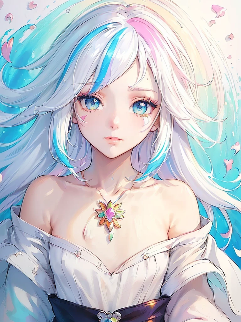 (Pink Fashion T-shirt:1.9),(Colorful hair: 1.8), (all the colours of the rainbow: 1.8),(((((vertical painting:1.6))), (painting:1.6),front, comics, illustrations, paintings, large eyes, crystal clear eyes,( rainbow color gradient high ponytail:1.7), exquisite makeup, closed mouth,(Small Fresh: 1.5),(Wipe Chest: 1.6) ,long eyelashes, white off shoulder T-shirt, White Shoulder Shirt,looking at the audience, large watery eyes, (rainbow colored hair:1.6), color splash, (solo:1.8), color splash, color explosion, thick paint style, messy lines, ((shining)),(colorful), (colorful), (colorful), colorful, Thick Paint Style, (Splash) (Color Splash), Vertical Painting, Upper Body, Paint Splash, Acrylic Pigment, Gradient, Paint, Highest Image Quality, Highest Quality, Masterpiece, Solo, Depth of Field, Face Paint, colorful clothes, (Elegant: 1.2), gorgeous,long hair, wind, (Elegant: 1.3), (Petals: 1.4),(((masterpiece))),(((best quality))),((ultra-detailed)),(illustration),(dynamic angle),((floating)),(paint),((disheveled hair)),(solo),(1girl) , (((detailed anima face))),((beautiful detailed face)),collar,bare shoulders,white hair, ((colorful hair)),((streaked hair)),beautiful detailed eyes,(Gradient color eyes),(((colorful eyes))),(((colorful background))),(((high saturation))),(((surrounded by colorful splashes))),