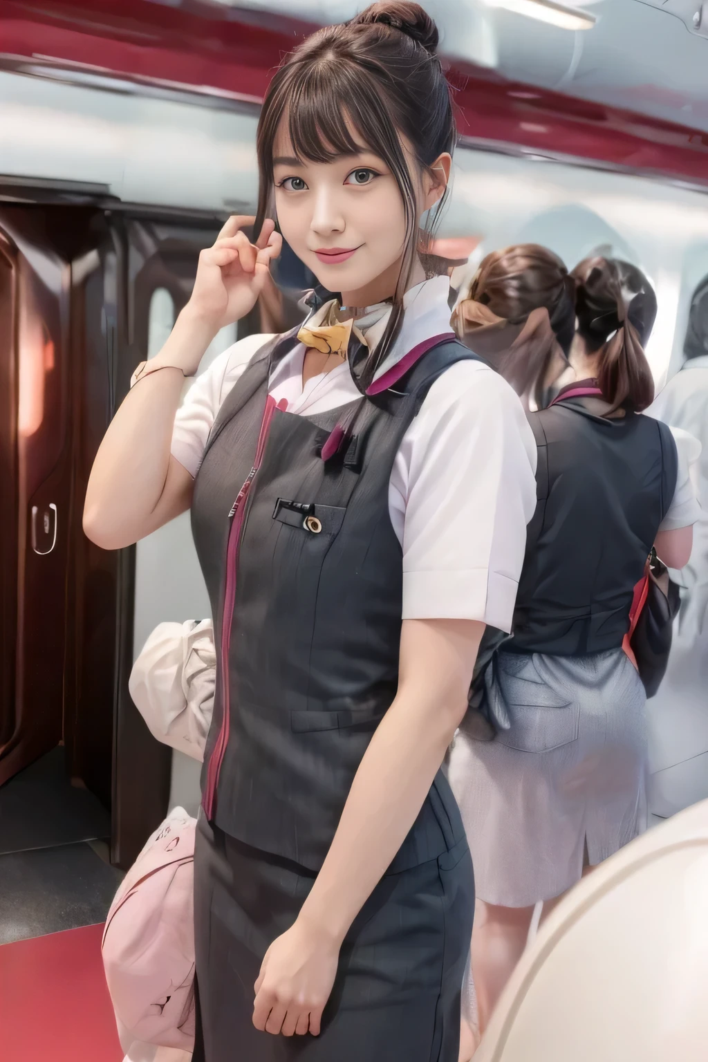 (masterpiece:1.2, highest quality:1.2), 32K HDR, High resolution, (alone、1 girl)、（At the station platform、Professional Lighting）、Background of an empty station platform、（Realistic style of JR Gran Class crew wearing uniform）、Short sleeve blouse、a scarf around the neck、（JR Gran Class flight attendant uniform with pink parts on the skirt sleeves）、（JR Gran Class flight attendant uniform with pink line on front zipper of vest）、Dark brown hair、（Hair tied up、Hair Bun、Hair Bun）、Dark brown hair、Long Shot、Big Breasts、（（Great hands：2.0）），（（Harmonious body proportions：1.5）），（（Normal limbs：2.0）），（（Normal finger：2.0）），（（Delicate eyes：2.0）），（（Normal eyes：2.0））)、Luxury Necklace、smile、Beautiful standing posture,Place your hands around your stomach