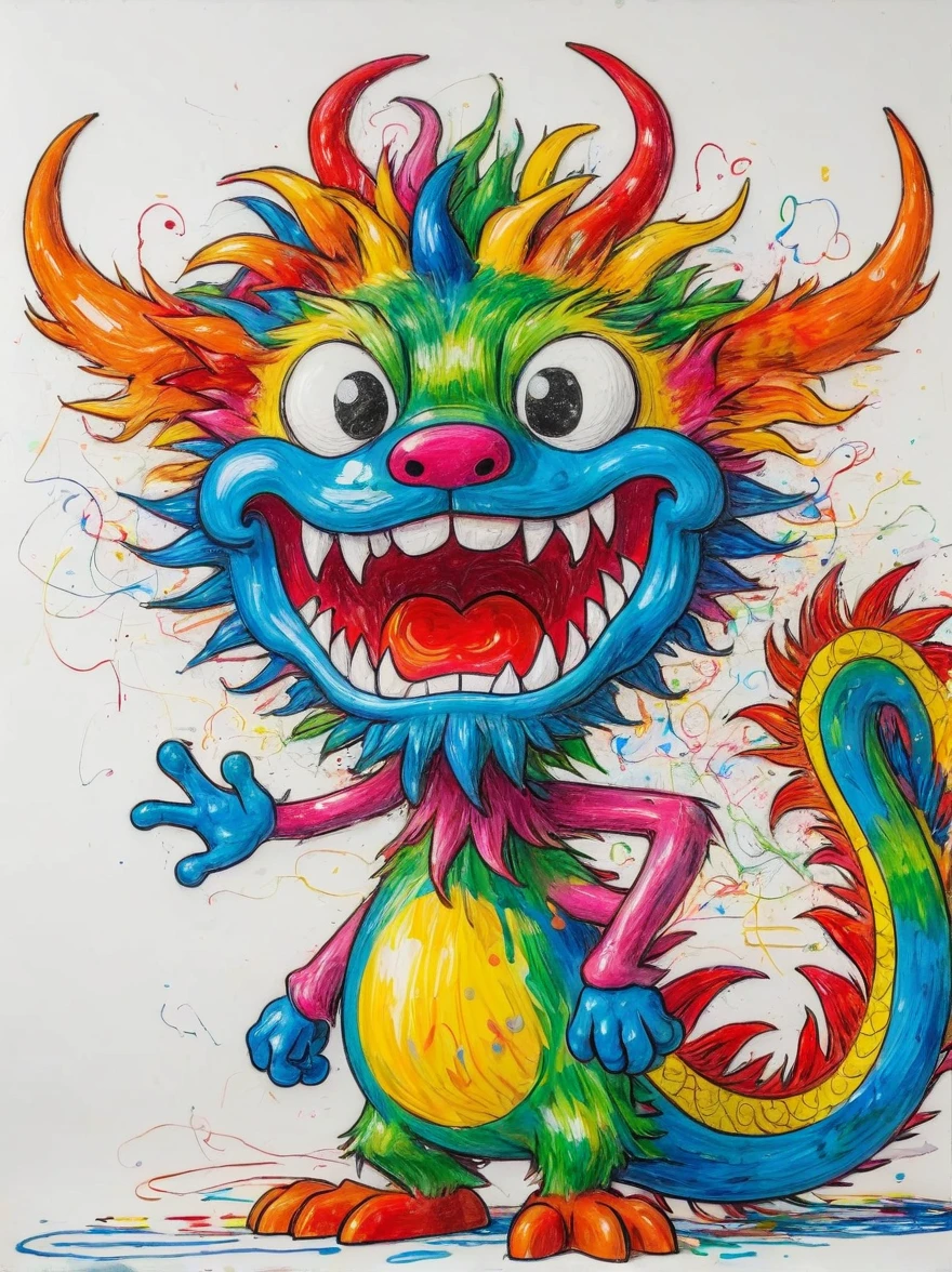 Drawing by Takashi Murakami and Peter 5 year olds scribble drawing of Chinese dragon,messy, crayons on white construction paper, not good, full body drawiing, unfinished, 4K, octane render