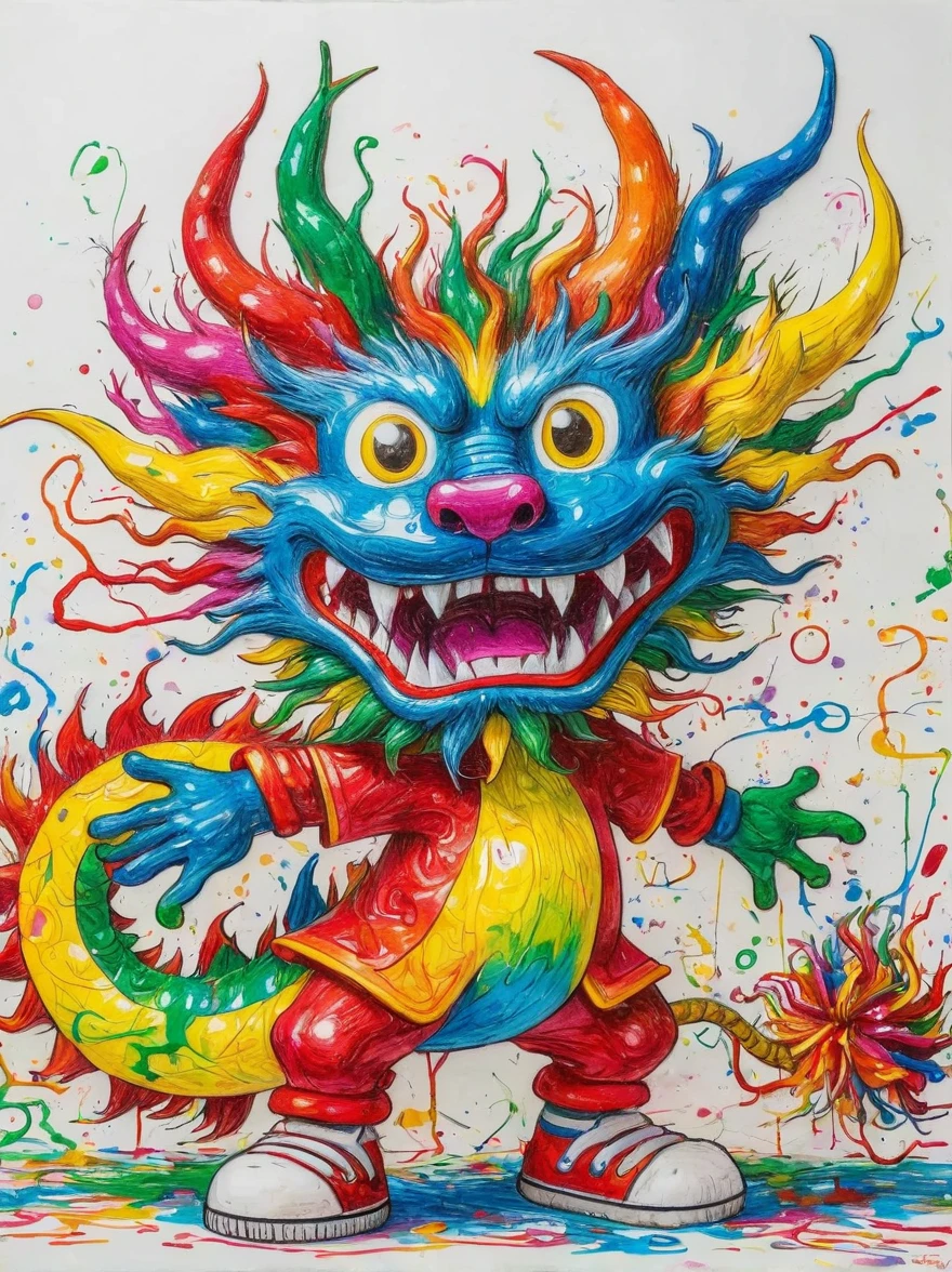 Drawing by Takashi Murakami and Peter 5 year olds scribble drawing of Chinese dragon,messy, crayons on white construction paper, not good, full body drawiing, unfinished, 4K, octane render