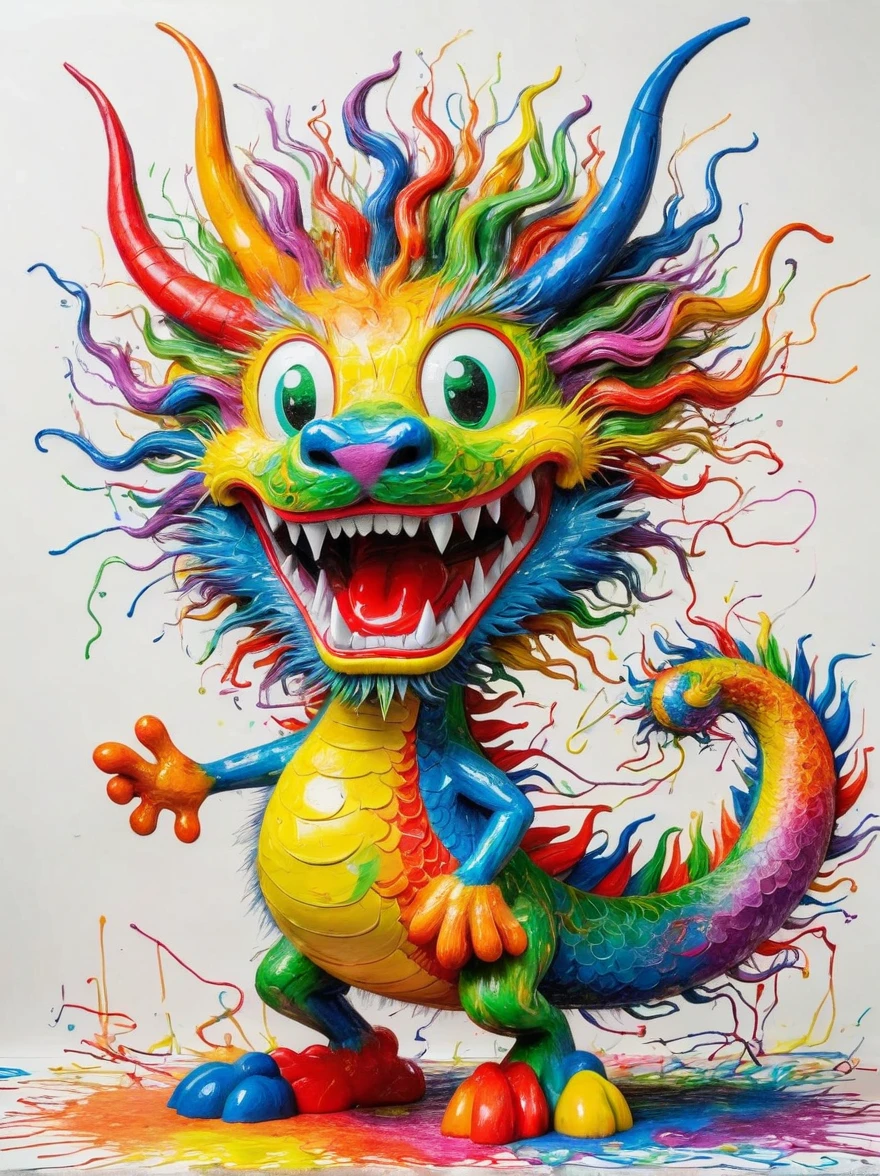 Drawing by Takashi Murakami and Peter 5 year olds scribble drawing of Chinese dragon,messy, crayons on white construction paper, not good, full body drawiing, unfinished, 4K, octane render