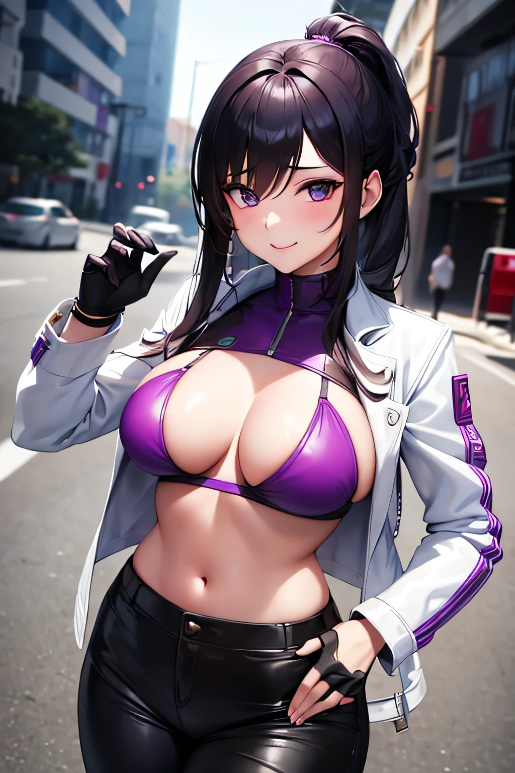 A sexy, cute, medium-sized breasted girl with white skin and wearing a leather jacket and trousers {{uzak çekim}} {{girl, wear a purple bra}} {{8k kalite}} {{girl smile}}