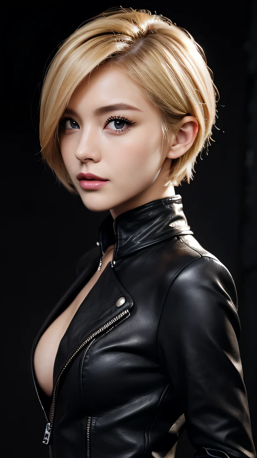 sexyなFace close-up, ((Blonde short hair)), black eye, black cropExcellent, Excellent, Black jacket, black pencil skirt mini, Black boots, Black gloves, 黒いHigh heel boots、sexy, (Short blonde hair), black eye, Black jacket, (black pencil skirt mini), (Black long boots), (Black Leather Gloves), High heel boots、((Portraiture))、masterpiece, 最high quality, high quality, High resolution、((In a dark cave))、Black Theme, ((Stand and pose))、((Face close-up))