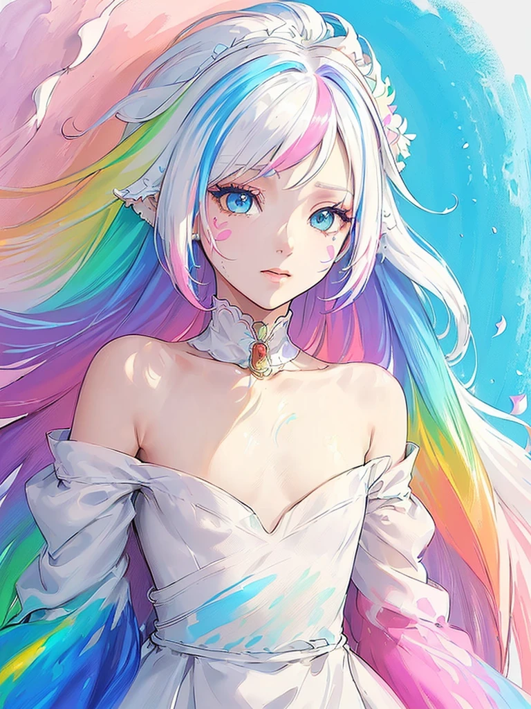 (Pink Fashion T-shirt:1.9),(Colorful hair: 1.8), (all the colours of the rainbow: 1.8),(((((vertical painting:1.6))), (painting:1.6),front, comics, illustrations, paintings, large eyes, crystal clear eyes,( rainbow color gradient high ponytail:1.7), exquisite makeup, closed mouth,(Small Fresh: 1.5),(Wipe Chest: 1.6) ,long eyelashes, white off shoulder T-shirt, White Shoulder Shirt,looking at the audience, large watery eyes, (rainbow colored hair:1.6), color splash, (solo:1.8), color splash, color explosion, thick paint style, messy lines, ((shining)),(colorful), (colorful), (colorful), colorful, Thick Paint Style, (Splash) (Color Splash), Vertical Painting, Upper Body, Paint Splash, Acrylic Pigment, Gradient, Paint, Highest Image Quality, Highest Quality, Masterpiece, Solo, Depth of Field, Face Paint, colorful clothes, (Elegant: 1.2), gorgeous,long hair, wind, (Elegant: 1.3), (Petals: 1.4),(((masterpiece))),(((best quality))),((ultra-detailed)),(illustration),(dynamic angle),((floating)),(paint),((disheveled hair)),(solo),(1girl) , (((detailed anima face))),((beautiful detailed face)),collar,bare shoulders,white hair, ((colorful hair)),((streaked hair)),beautiful detailed eyes,(Gradient color eyes),(((colorful eyes))),(((colorful background))),(((high saturation))),(((surrounded by colorful splashes))),