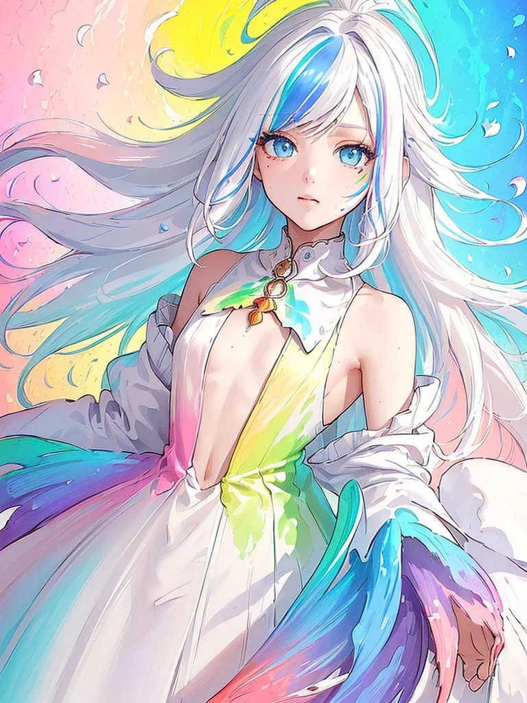 (Pink Fashion T-shirt:1.9),(Colorful hair: 1.8), (all the colours of the rainbow: 1.8),(((((vertical painting:1.6))), (painting:1.6),front, comics, illustrations, paintings, large eyes, crystal clear eyes,( rainbow color gradient high ponytail:1.7), exquisite makeup, closed mouth,(Small Fresh: 1.5),(Wipe Chest: 1.6) ,long eyelashes, white off shoulder T-shirt, White Shoulder Shirt,looking at the audience, large watery eyes, (rainbow colored hair:1.6), color splash, (solo:1.8), color splash, color explosion, thick paint style, messy lines, ((shining)),(colorful), (colorful), (colorful), colorful, Thick Paint Style, (Splash) (Color Splash), Vertical Painting, Upper Body, Paint Splash, Acrylic Pigment, Gradient, Paint, Highest Image Quality, Highest Quality, Masterpiece, Solo, Depth of Field, Face Paint, colorful clothes, (Elegant: 1.2), gorgeous,long hair, wind, (Elegant: 1.3), (Petals: 1.4),(((masterpiece))),(((best quality))),((ultra-detailed)),(illustration),(dynamic angle),((floating)),(paint),((disheveled hair)),(solo),(1girl) , (((detailed anima face))),((beautiful detailed face)),collar,bare shoulders,white hair, ((colorful hair)),((streaked hair)),beautiful detailed eyes,(Gradient color eyes),(((colorful eyes))),(((colorful background))),(((high saturation))),(((surrounded by colorful splashes))),