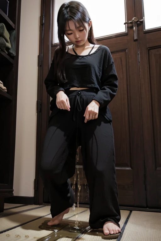 Japanese Girl sees the ghost and pees her black palazzo pants until her pants are wet in fright.