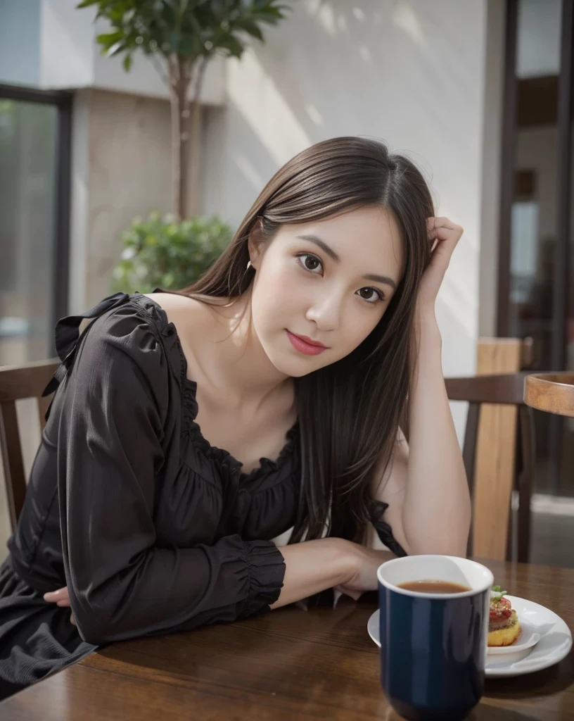 (best quality,masterpiece:1.2,realistic,photorealistic:1.37),
(perfect breast shape, E cup:1.2), beauty detailed face, beautiful black hair, perfect nose, 
there is a woman sitting at a table with a plate of food, 8k 50mm iso 10, f / 1. 9 6. 8 1 mm iso 4 0, 
, no make-up, nice body, 