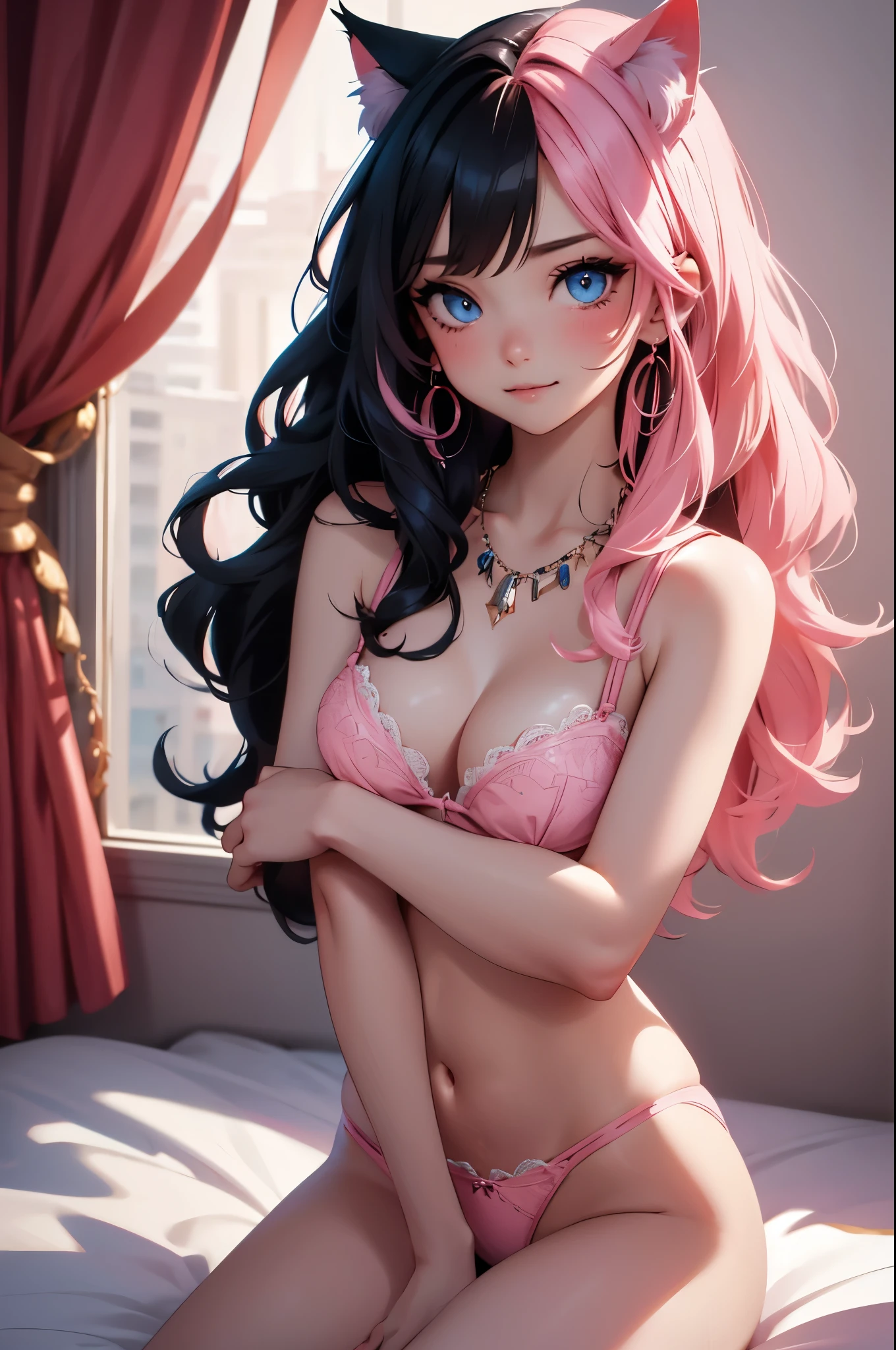 {{{official art}}}, {{solo}}, {Adult}hair strand}, {{medium breasts}}, {cleavage}, {hair ornament}, necklace, earrings, {pink Bra and panties}}, eye focus, looking at viewer, blush, {{white trim}}, ornate, hotel room, cowboy shot, v arms, two toned hair, pink hair, black hair, cat girls,  blue eyes, long wavy hair,, looking at viewer, cowboy shot, solo, cat ears, solo. on knees, on bed, smile,, panties, top of hair is