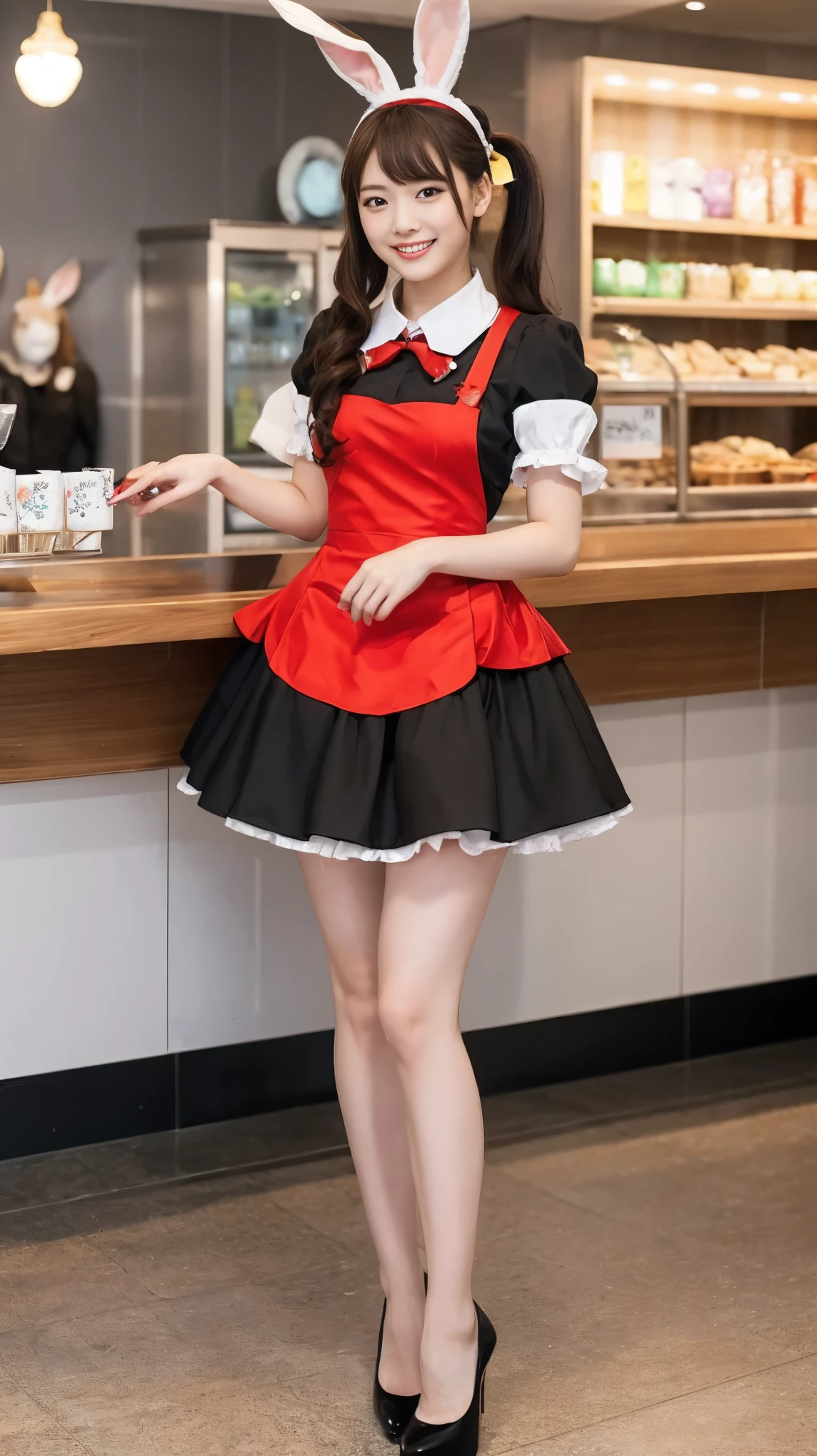 A bunny girl in a red maid outfit working at a maid cafe:1.5，The best smile:1.5，Full Body Shot:1.5，Gray background:1.5，Wearing black high heels:1.5，