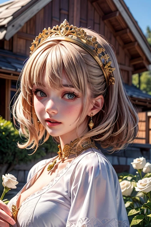 Russian village, apple tree in bloom , old log house, courtyard, beautiful carved platbands close-up ,flowers on windows,beautiful, professional photo, realistic, high resolution, Russia, watercolor, gouache, hyperdetalization, filigree drawing with a thin pen, trees, old houses ((best quality)), ((masterpiece)), (detailed), perfect face