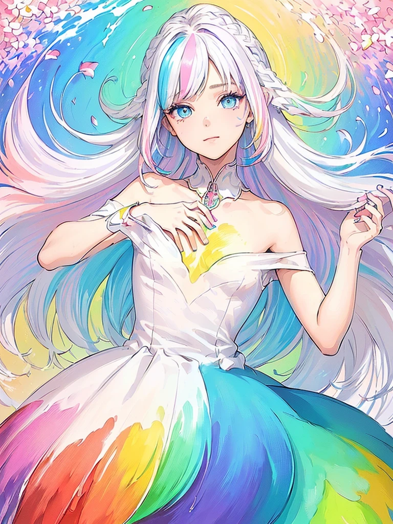 （Pink Fashion T-shirt：1.9），(Colorful hair: 1.8), (all the colours of the rainbow: 1.8),(((((vertical painting：1.6))), （painting：1.6），front, comics, illustrations, paintings, large eyes, crystal clear eyes,（ rainbow color gradient high ponytail：1.7）, exquisite makeup, closed mouth,(Small Fresh: 1.5),(Wipe Chest: 1.6) ，long eyelashes, white off shoulder T-shirt,  White Shoulder Shirt，looking at the audience, large watery eyes, (rainbow colored hair：1.6), color splash, （solo：1.8）, color splash, color explosion, thick paint style, messy lines, ((shining))，(colorful), (colorful), (colorful), colorful, Thick Paint Style, (Splash) (Color Splash), Vertical Painting, Upper Body, Paint Splash, Acrylic Pigment, Gradient, Paint, Highest Image Quality, Highest Quality, Masterpiece, Solo, Depth of Field, Face Paint,  colorful clothes, (Elegant: 1.2), gorgeous,long hair, wind, (Elegant: 1.3), (Petals: 1.4)，(((masterpiece))),(((best quality))),((ultra-detailed)),(illustration),(dynamic angle),((floating)),(paint),((disheveled hair)),(solo),(1girl) , (((detailed anima face))),((beautiful detailed face)),collar,bare shoulders,white hair, ((colorful hair)),((streaked hair)),beautiful detailed eyes,(Gradient color eyes),(((colorful eyes))),(((colorful background))),(((high saturation))),(((surrounded by colorful splashes))),