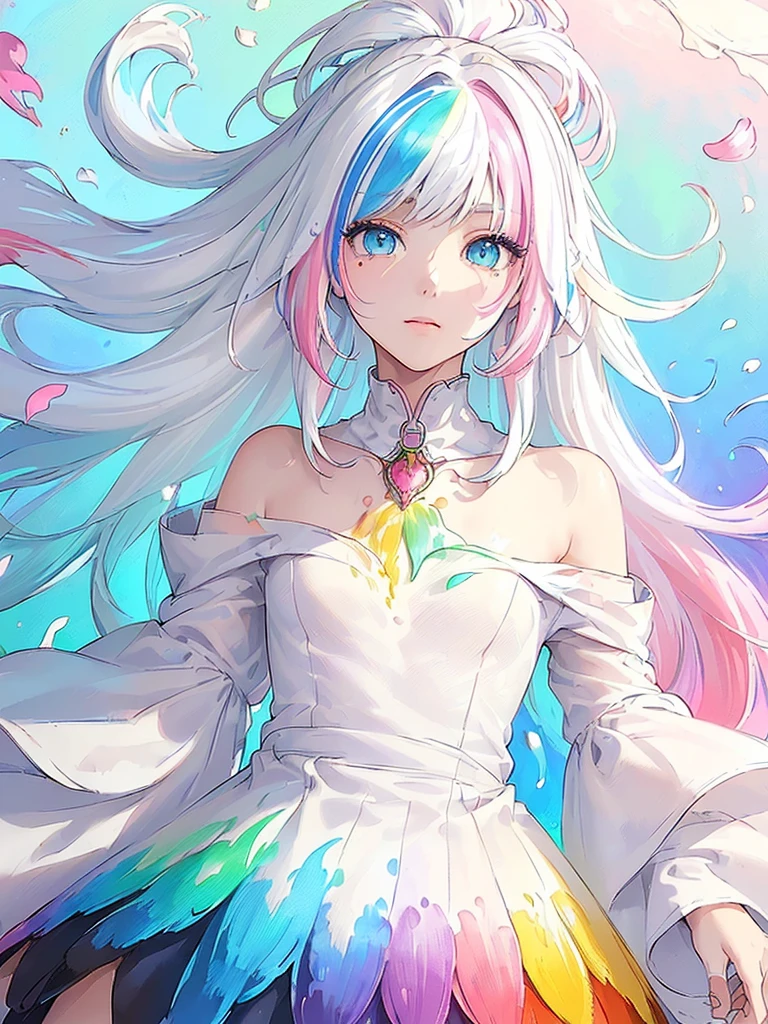 （Pink Fashion T-shirt：1.9），(Colorful hair: 1.8), (all the colours of the rainbow: 1.8),(((((vertical painting：1.6))), （painting：1.6），front, comics, illustrations, paintings, large eyes, crystal clear eyes,（ rainbow color gradient high ponytail：1.7）, exquisite makeup, closed mouth,(Small Fresh: 1.5),(Wipe Chest: 1.6) ，long eyelashes, white off shoulder T-shirt,  White Shoulder Shirt，looking at the audience, large watery eyes, (rainbow colored hair：1.6), color splash, （solo：1.8）, color splash, color explosion, thick paint style, messy lines, ((shining))，(colorful), (colorful), (colorful), colorful, Thick Paint Style, (Splash) (Color Splash), Vertical Painting, Upper Body, Paint Splash, Acrylic Pigment, Gradient, Paint, Highest Image Quality, Highest Quality, Masterpiece, Solo, Depth of Field, Face Paint,  colorful clothes, (Elegant: 1.2), gorgeous,long hair, wind, (Elegant: 1.3), (Petals: 1.4)，(((masterpiece))),(((best quality))),((ultra-detailed)),(illustration),(dynamic angle),((floating)),(paint),((disheveled hair)),(solo),(1girl) , (((detailed anima face))),((beautiful detailed face)),collar,bare shoulders,white hair, ((colorful hair)),((streaked hair)),beautiful detailed eyes,(Gradient color eyes),(((colorful eyes))),(((colorful background))),(((high saturation))),(((surrounded by colorful splashes))),