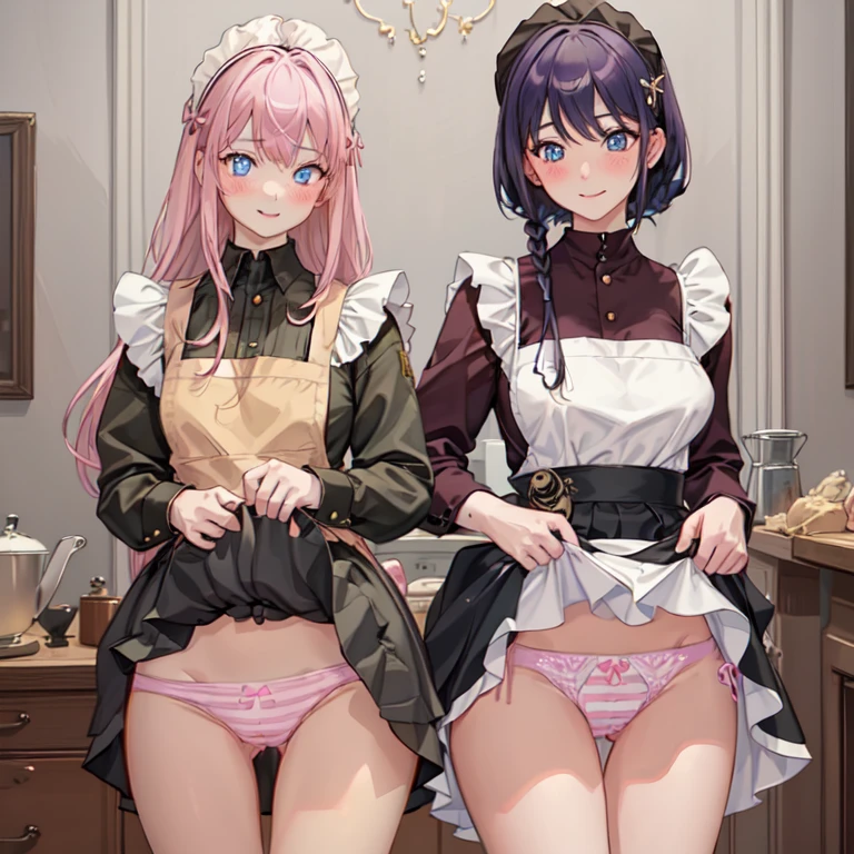 highest quality, masterpiece, ((2 girls:1.5)), ((smile:1.3)), (blush:1.3), Black Shirt, blouse, ((fun!!)), (Small breasts), Blonde, (Long sleeve), ((White apron:1.5)), ((Maid)), ((hair ornaments)), Kamimei, look at me, ((in house:1.5)), Taking a break from watching the audience, Cowboy Shot, (skirtlift:1.3), (Highly detailed pink striped panties:1.3), (Highly detailed panties:1.3), (skirt that rolls up:1.3), (Panties fully exposed:1.5), Light blue eyes, long hair, Glowing Eyes