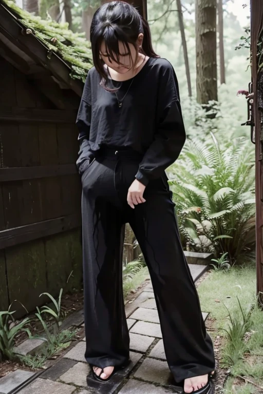 Japanese Girl sees the ghost and pees her black palazzo pants until her pants are wet in fright.