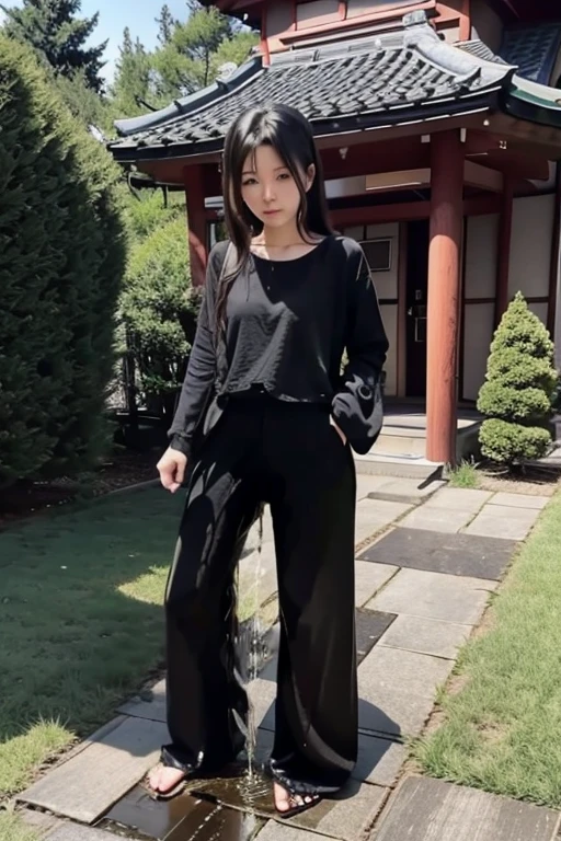 Japanese Girl sees the ghost and pees her black palazzo pants until her pants are wet in fright.