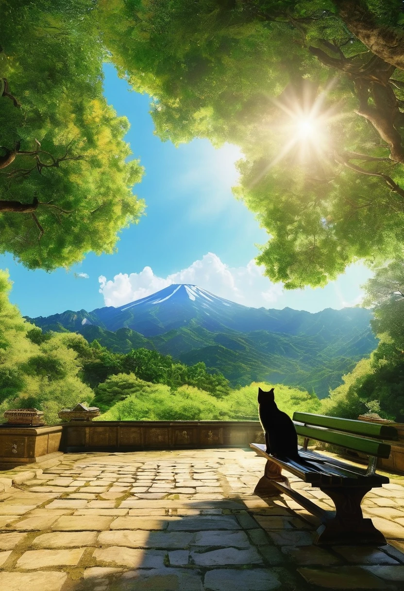(Panorama, center, masterpiece, highest quality: 1.2), (8K, Raw photo, highest quality), ((masterpiece:1.2)), Realistic, Ultra-high resolution, High Contrast, Photon Mapping, Bright colors, Real, Ultra-detailed, Very detailed, Raw photo, Genuine, Official Art, RAW Photos, Professional Lighting, Light, Professional Writing, twiceLight, Vivid atmosphere, High-definition CG, Unity8k), early summer。Daytime。Alhambra。Eguchi Hisashi style、A girl and a white kitten can be seen in the distance。A girl and a kitten are sitting on an old bench looking towards you。green々A corner of the park、In the silence, the sunlight filtering through the trees is reflected on the ground.。One girl、Close your eyes、Take a deep breath、Its presence is felt as if it blends into the surrounding nature.。Next to the bench、There is a handwritten notebook and pen、The page contains new ideas and goals.。Behind it is a small old shrine.、A landscape where nature and manmade objects coexist in harmony。Nearby trees々The leaves are swaying in the breeze。Beautiful green gradation。An atmosphere that exudes the excitement of adventure。An atmosphere that makes you feel happy and joyful。 High Fantasy Worldview。 A magnificent composition。Beautifully depicted with the golden rule。 Guardian nebula of rainbow light and silvery vapor。Corrosive Encirclement Ray Family Color。 Slimy air。