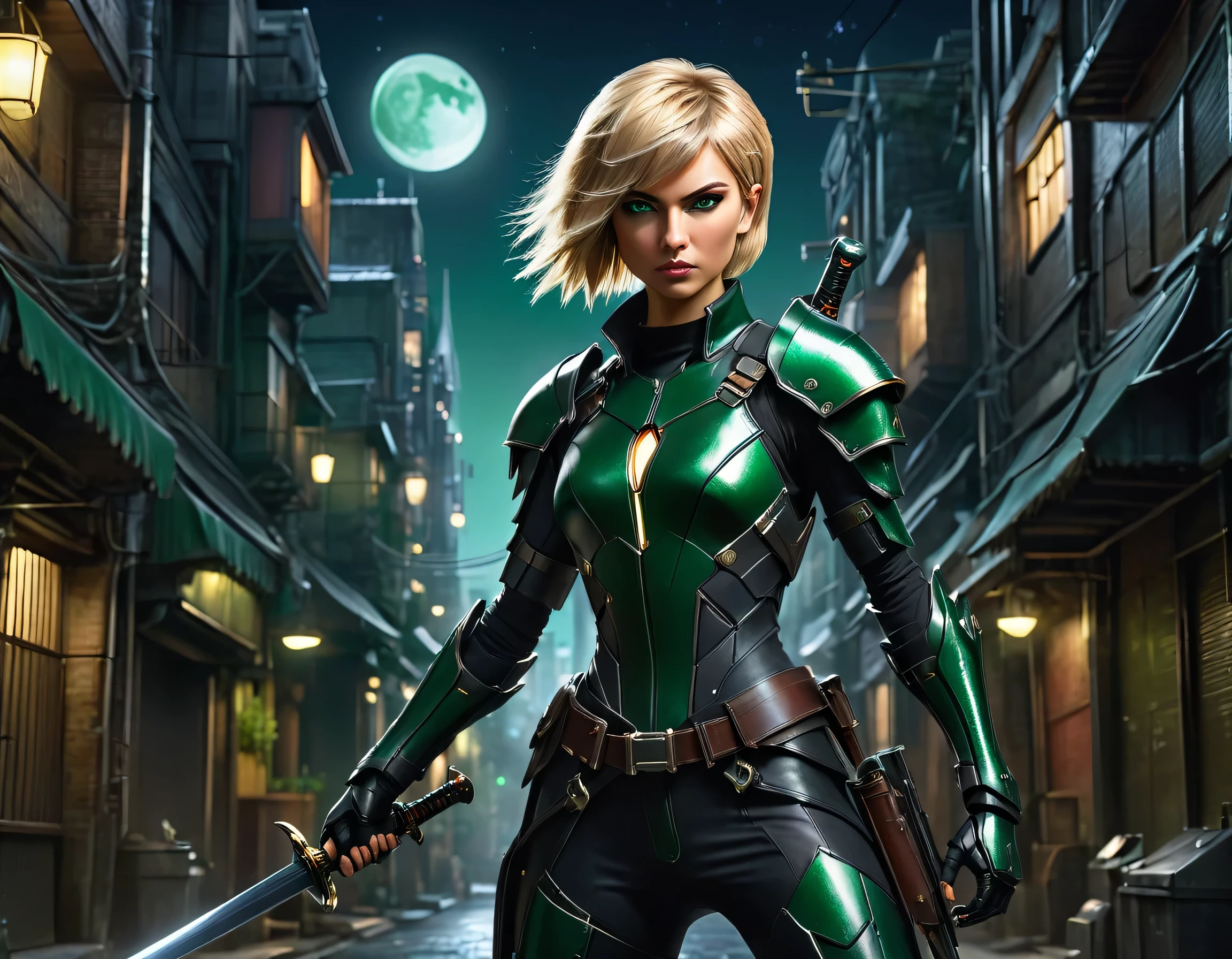 high details, best quality, 16k, [ultra detailed], masterpiece, best quality, (extremely detailed), full body, ultra wide shot, photorealistic, a picture of a woman assassin ready to combat in a dark alley, she holds a sword in hand, exquisite beautiful woman, she has pixie cut blond hair, emerald green eyes, she wears a tight leather suit, the suit has mecha gadgets,  she kneels in fantasy dark street of fantasy setting city, its night time, the moon is high in the sky, many stars in the night, high details, best quality, highres, ultra wide angle, DonMN1gh7XL, cybrk