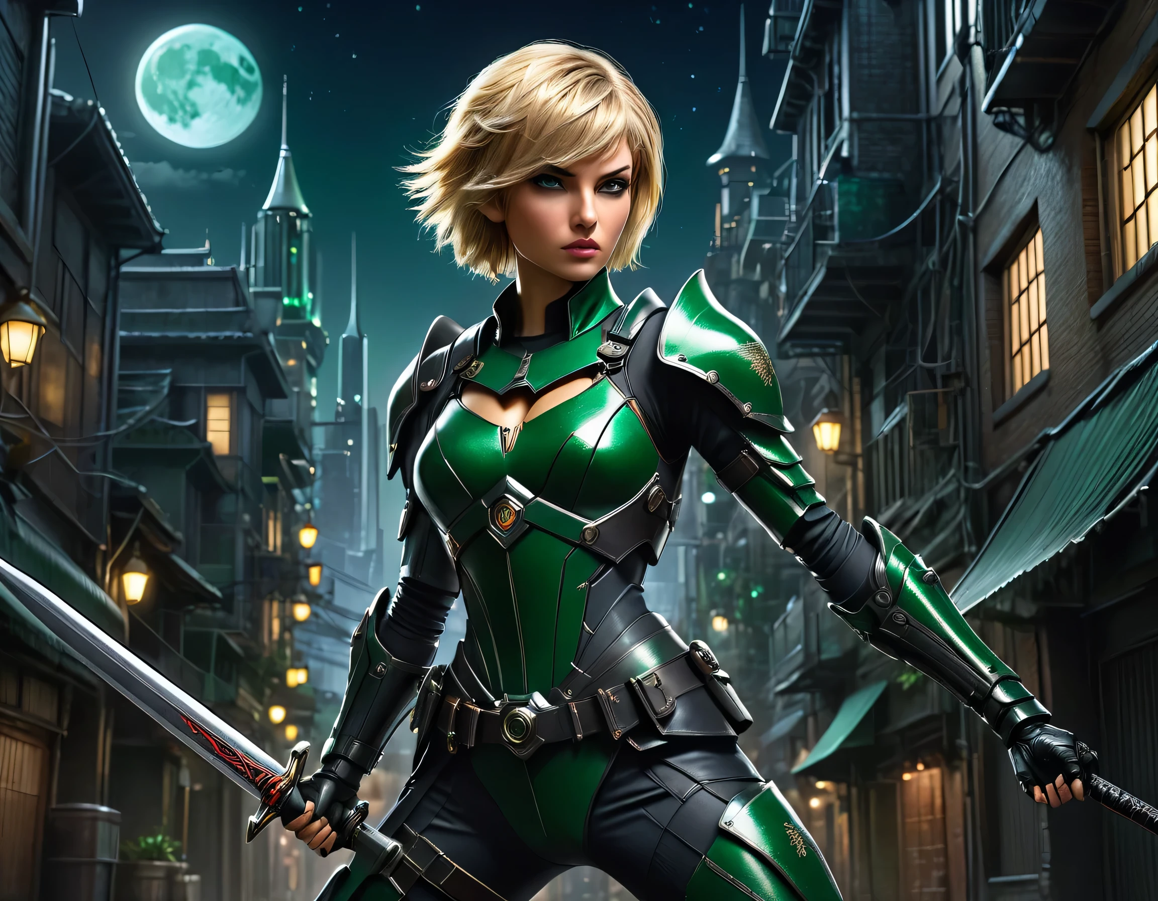 high details, best quality, 16k, [ultra detailed], masterpiece, best quality, (extremely detailed), full body, ultra wide shot, photorealistic, a picture of a woman assassin ready to combat in a dark alley, she holds a sword in hand, exquisite beautiful woman, she has pixie cut blond hair, emerald green eyes, she wears a tight leather suit, the suit has mecha gadgets,  she kneels in fantasy dark street of fantasy setting city, its night time, the moon is high in the sky, many stars in the night, high details, best quality, highres, ultra wide angle, DonMN1gh7XL, cybrk