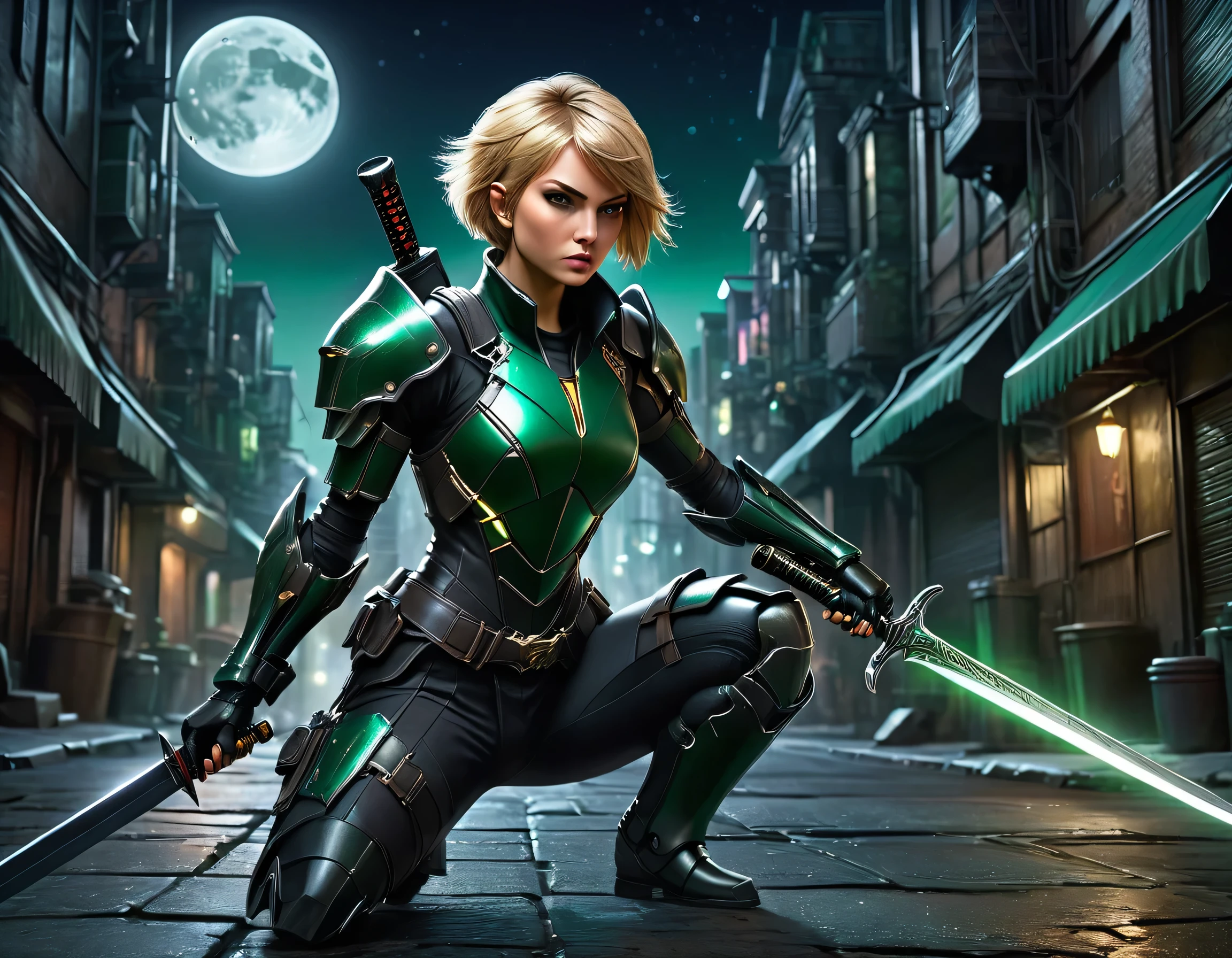 high details, best quality, 16k, [ultra detailed], masterpiece, best quality, (extremely detailed), full body, ultra wide shot, photorealistic, a picture of a woman assassin ready to combat in a dark alley, she holds a sword in hand, exquisite beautiful woman, she has pixie cut blond hair, emerald green eyes, she wears a tight leather suit, the suit has mecha gadgets,  she kneels in fantasy dark street of fantasy setting city, its night time, the moon is high in the sky, many stars in the night, high details, best quality, highres, ultra wide angle, DonMN1gh7XL, cybrk