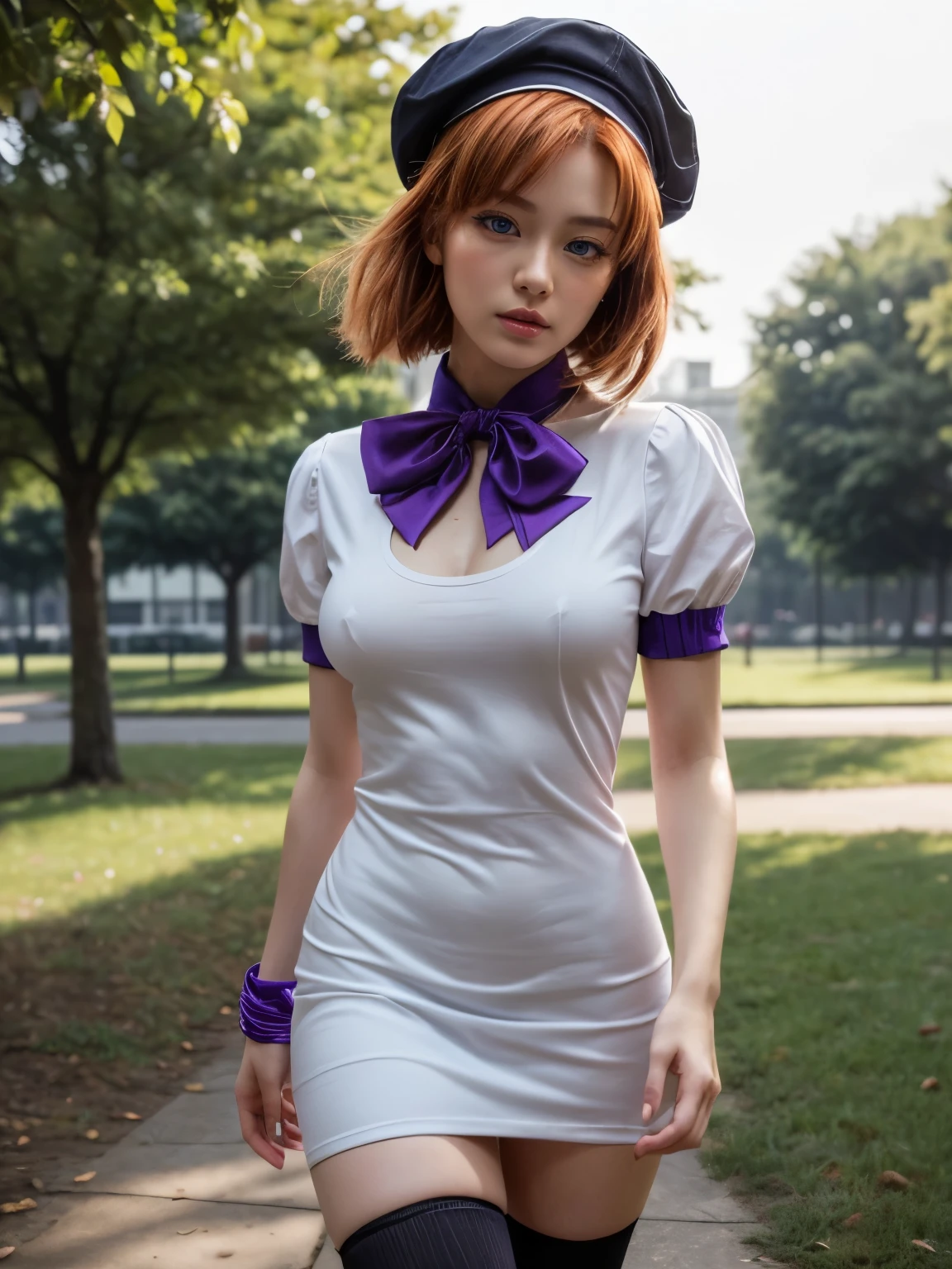 (1 lady), (Best quality at best:1.4), (ultra - detailed), (extremely detailed CG unified 16k), A Beautiful Woman with Perfect Figure: 1.4, Sharp Focus: 1.2, purple hair, very detailed, High-definition RAW color photo, professional photoshooting, amazing face and eyes, cosmetics, standing, (amazingly beautiful girl), ((rena ryuuguu)), ((beret, black thighhighs, bow, bowtie, dress, hat, puffy short sleeves, puffy sleeves, purple bow, purple bowtie, short sleeves, thighhighs, white dress, zettai ryouiki)), (looking cute, immerse in her own thoughts expression), (City park, extremely detailed background, realistic background, first date vibes), (frontal photo), realistic cinematic face, head to feet long wide zoomed out view, full body long view, head to shoes, photorealistic, ((realistic natural orange hair style, short hair, blue eye)), gorgeous, extremely beautiful face, pretty face, delicate girl, (attractive body, fit woman, big girl, athletic body, strong female), perfect model beauty, pout mouth, Highly Detailed Face and Skin Texture, Detailed Eyes, Double Eyelids, Medium size breasts, shy but motivated expression, (masterpiece), best quality, high resolution, extremely detailed, cinematic lighting, amazing legs, clear and well-cared skin, (milky pale skin, white skin like milk), official dior editorial, trending on pinterest, dreamy, aesthetic, ((style raw))