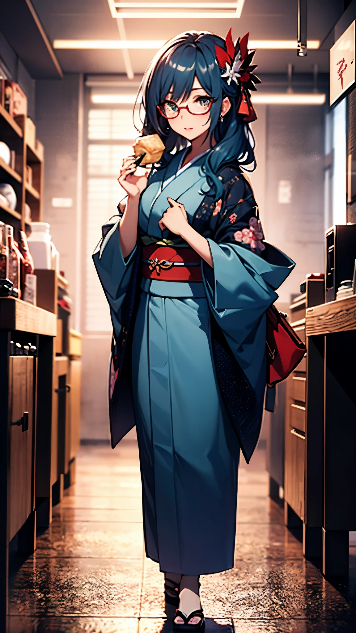 (1girl:1.3), Masterpiece, Best quality, amazing beauty, [[3D]], 4K, absurdres, finely detail, super detailed eye, perfect anatomy, official art, cinematic lighting, BREAK, kitchen, silky long hair, silky braid hair, blue hair, super shiny detailed brown eyes, big eyes, tsurime, cute eyes, thin eyebrow, Staring, full lips, Eating Mitarashi dumplings, mascara, Eyeshadow, False eyelashes, red lips, red round cell frame glasses, hairpin, Joyful, BREAK , usually, , slender, pale skin, glistening skin, praying hands, full body, from front, Underlighting, BREAK , BREAK, (wearing beautiful kimono:1.2)
