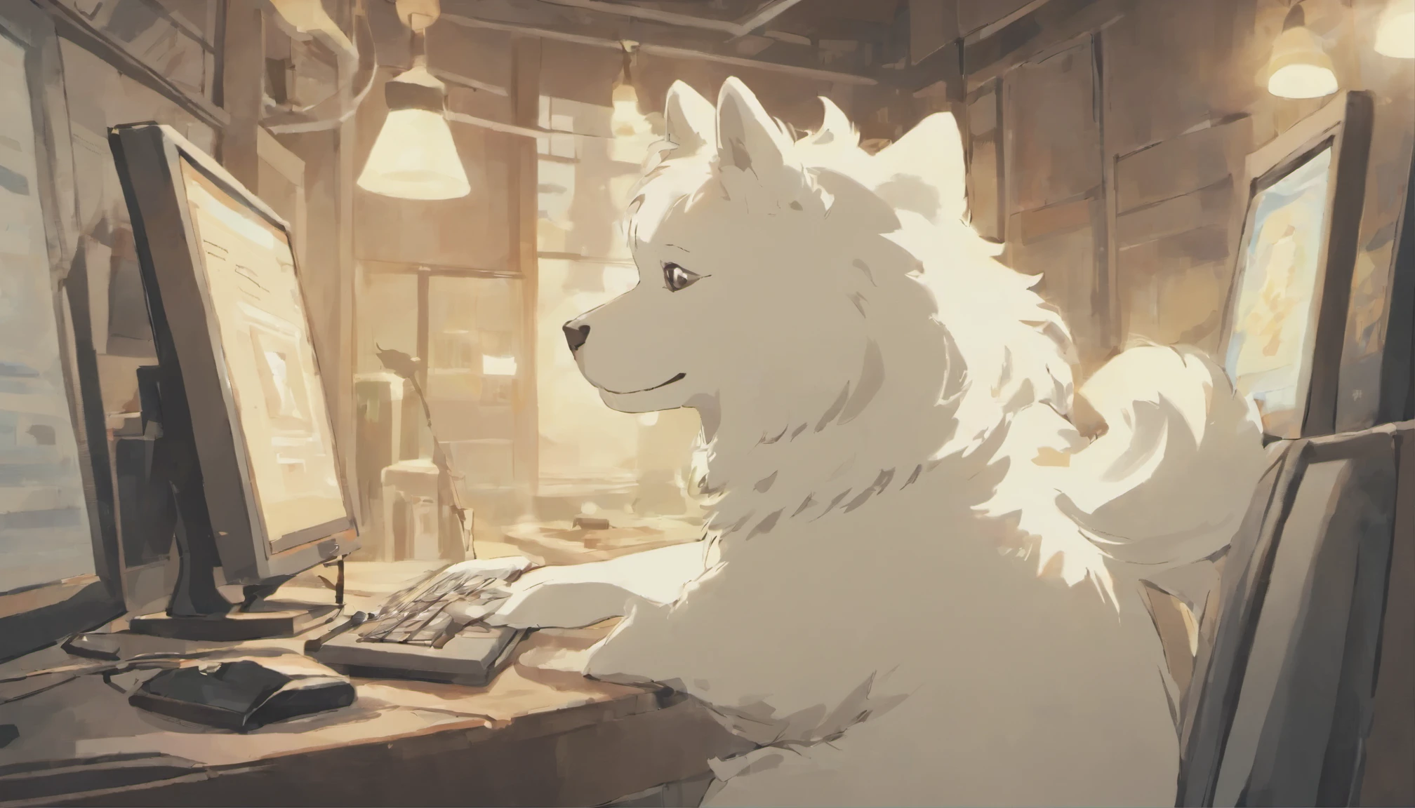 one dog,White Samoyed dog,Dog looking at a computer screen,Dog looking at screen with hands in hands,one dog