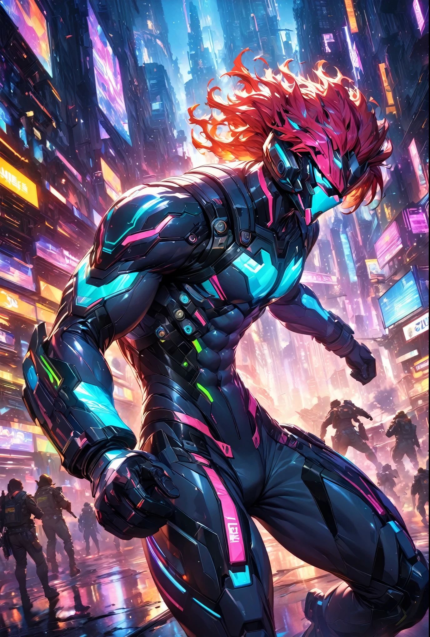 ,(masterpiece:1.3),(highest quality:1.4),(ultra detailed:1.5),High resolution,extremely detailed,unity 8k wallpaper,"A handsome man wearing a sleek, body-hugging combat suit in a cyberpunk setting. The suit is crafted from high-durability, lightweight materials, featuring an ergonomic design with vibrant neon lines and patterns in a variety of colors, including electric blue, neon green, fiery red, and bright purple, all tracing the contours of his muscular physique. The suit includes reinforced joints and embedded sensors, seamlessly integrated into the fabric. He has no helmet, revealing his sharp features and intense expression, with short, stylishly tousled hair. The scene is set in a chaotic urban battlefield, illuminated by a cacophony of neon lights and holographic advertisements. The background features towering skyscrapers and flying vehicles, with vibrant, colorful lights reflecting off the wet surfaces. In the midst of combat, explosions and energy blasts create dynamic lighting effects, casting dramatic shadows and highlighting the action-packed atmosphere."
