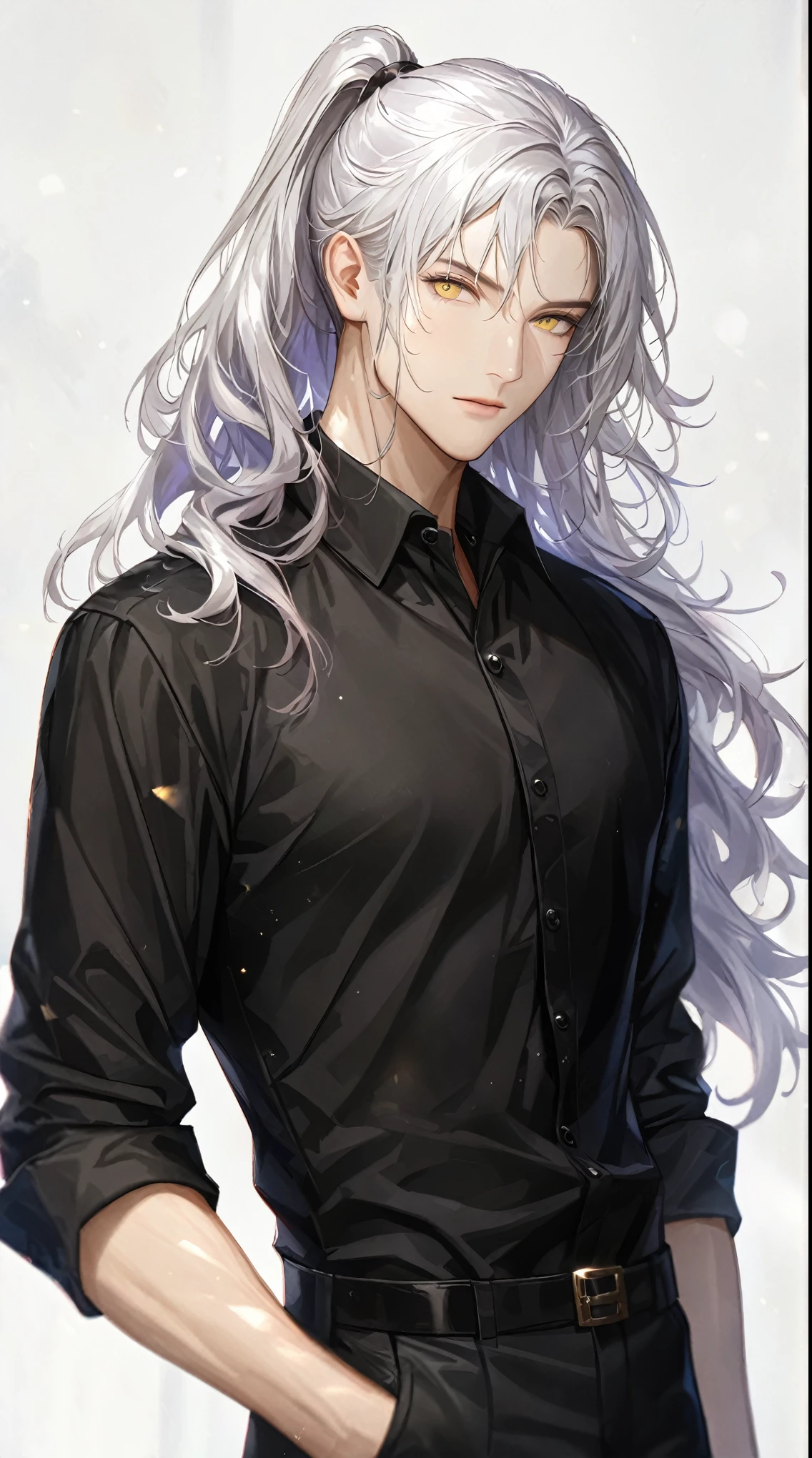 A beautiful young man with white hair in a long ponytail, yellow slit eyes, wearing stylish black clothes, standing in a composition from the waist up, (best quality,4k,8k,highres,masterpiece:1.2),ultra-detailed,(realistic,photorealistic,photo-realistic:1.37),HDR,UHD,studio lighting,ultra-fine painting,sharp focus,physically-based rendering,extreme detail description,professional,vivid colors,bokeh,pixiv illustration