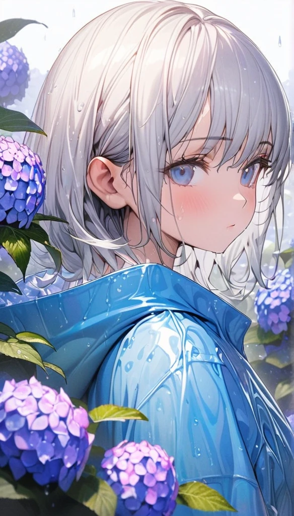 girl, slender body, ((boyish hair, very short silver hair )), onepiece dress sleeveless, standing, upper body shot, Standing in the many wet hydrangea flowers, vivid blue raincoat, rain boots, extremely detailed, huge filesize, the best quality, portrait, portfolio,