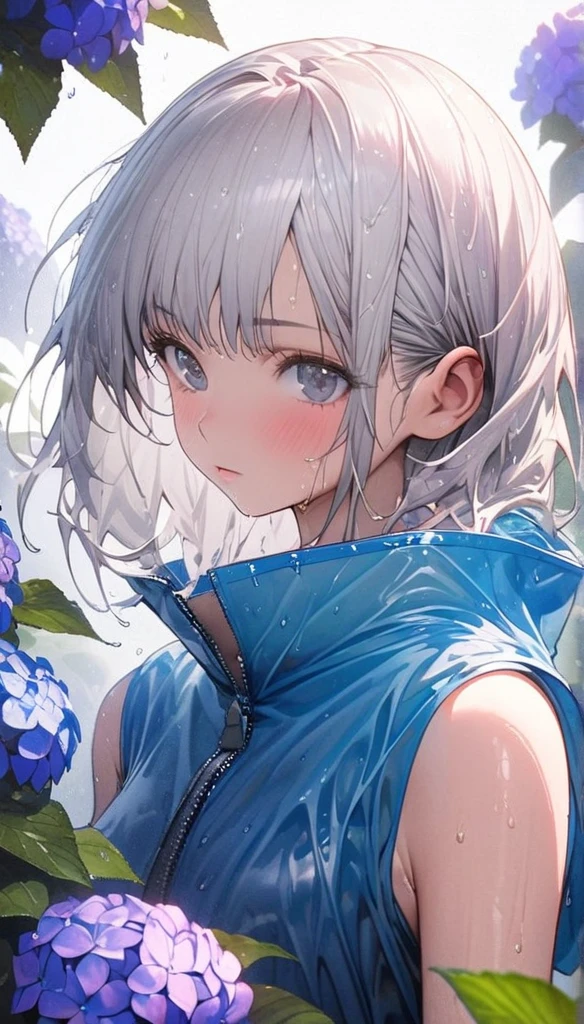 girl, slender body, ((boyish hair, very short silver hair )), onepiece dress sleeveless, standing, upper body shot, Standing in the many wet hydrangea flowers, vivid blue raincoat, rain boots, extremely detailed, huge filesize, the best quality, portrait, portfolio,
