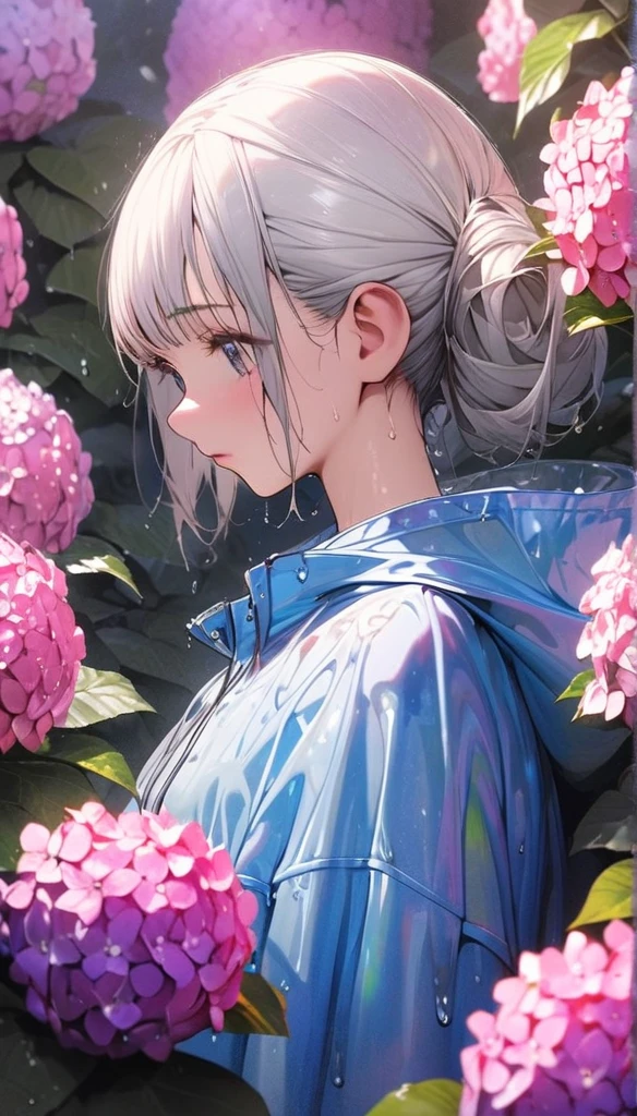 girl, slender body, ((boyish hair, very short silver hair )), onepiece dress sleeveless, standing, upper body shot, Standing in the many wet hydrangea flowers, vivid blue raincoat, rain boots, extremely detailed, huge filesize, the best quality, portrait, portfolio,