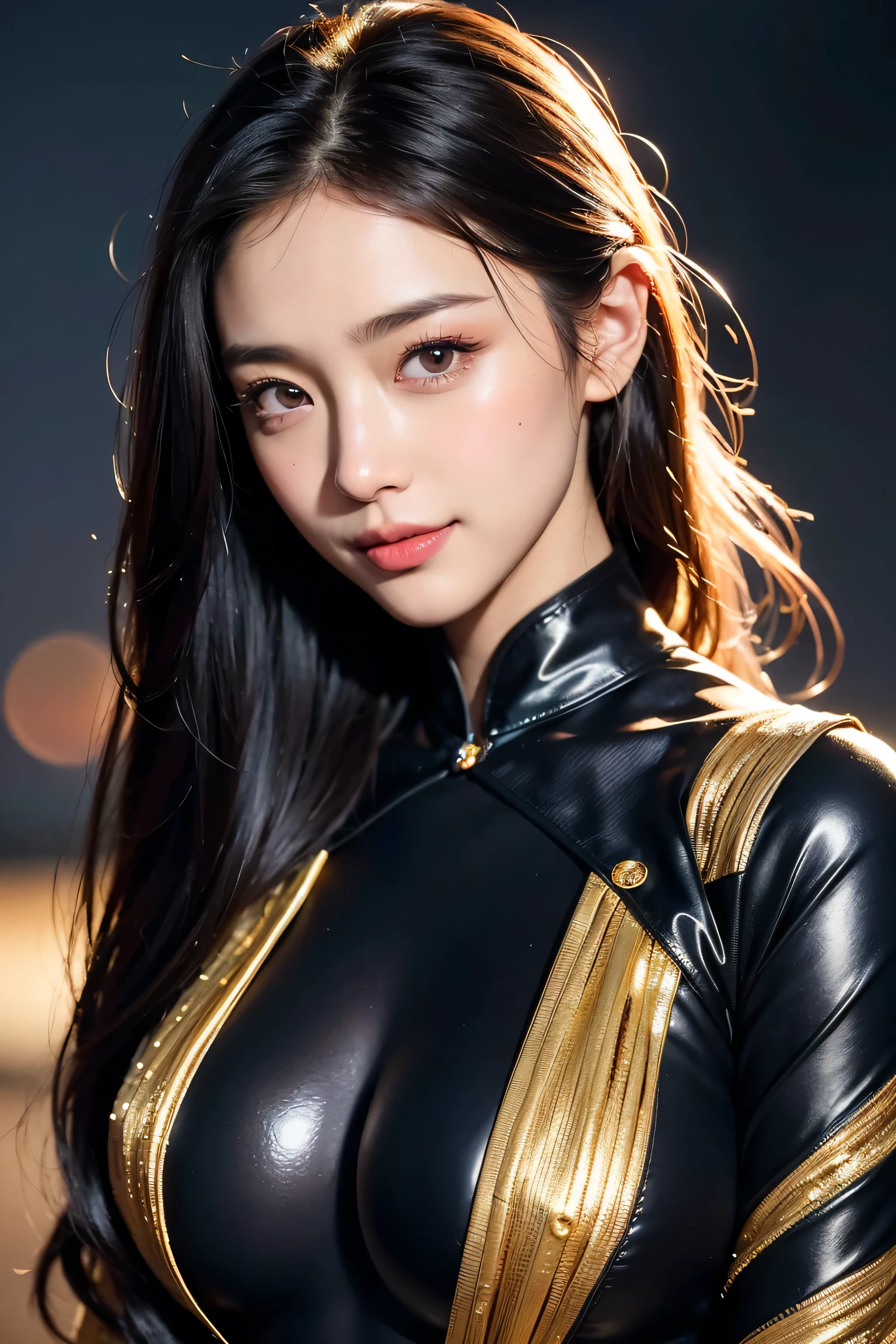 Beautiful woman in kimono,Body Portrait、8k,Beautiful and beautiful eyes,Dindal effect、masterpiece, 最high quality, high quality, High resolution、Very detailed photos、(Natural skin texture、Fine skin、Hyperrealism、Ultra Sharpness)、Skin with attention to detail、(Very detailed、Fine skin texture、Intricate details、Beautiful Face、(A vivid face)、Realistic eyes、Beautiful and detailed、Realistic Skin、Beautiful Skin、Surreal、Very detailed、Golden Ratio、With a smile、((Night moonlight background))、Body Portrait、G-Cup、Big Breasts,glamorous,Shiny bodysuit