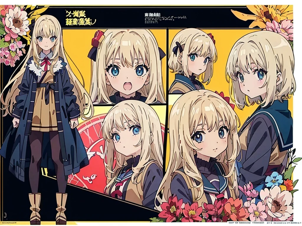 (Anime:1.8), megami magazine, (masterpiece, top quality:1.4), Not Safe for Work, detailed skin, detailed face, 1girl, idol, cute face, , 14-yo,
blue eyes, droopy eyes, big eyes:1.5, laughing, red blush, (blonde-yellow hair), long hair, (shiny wavy hair), hair ribbon with a big clock:1.4, , cute, baby face, twinkle in the eye, small breasts, braided bangs, white ruffle shirt, brown vest, brown layered miniskirt, coat, ankle boots, big clock pendant,
(Design sheet:1.3), (multi-angle and detailed view:1.3),