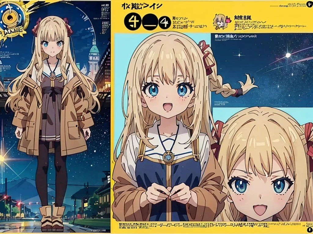(Anime:1.8), megami magazine, (masterpiece, top quality:1.4), Not Safe for Work, detailed skin, detailed face, 1girl, idol, cute face, , 14-yo,
blue eyes, droopy eyes, big eyes:1.5, laughing, red blush, (blonde-yellow hair), long hair, (shiny wavy hair), hair ribbon with a big clock:1.4, , cute, baby face, twinkle in the eye, small breasts, braided bangs, white ruffle shirt, brown vest, brown layered miniskirt, coat, ankle boots, big clock pendant,
(Design sheet:1.3), (multi-angle and detailed view:1.3),