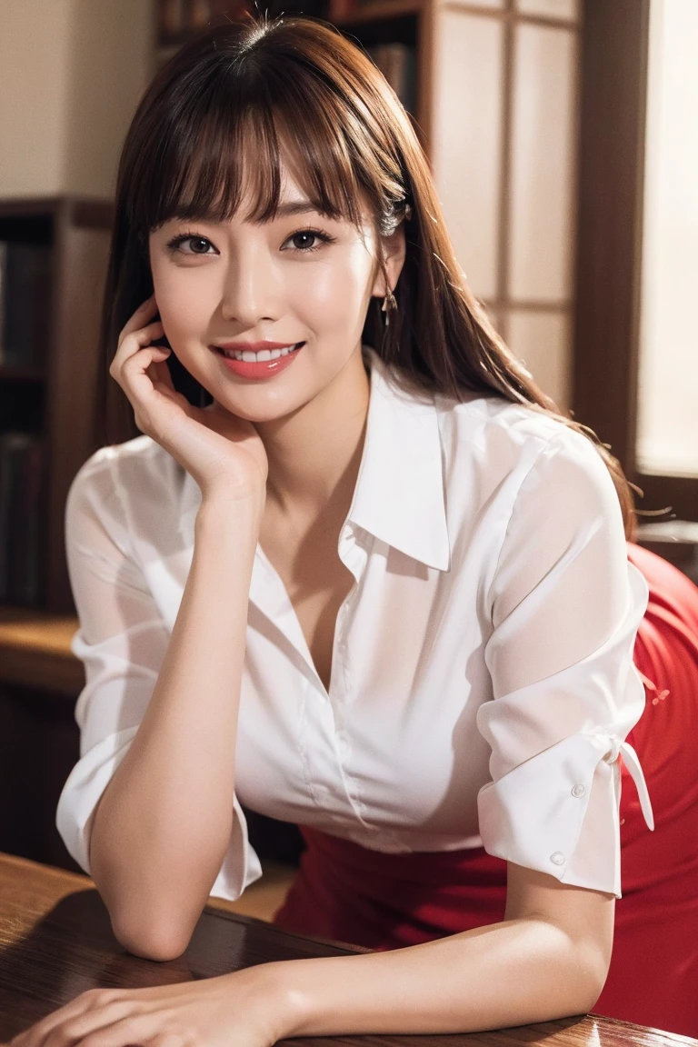 Medium display, Medium Shot, Written boundary depth, bust, whole body, Movie angle, masterpiece, highest quality, Very detailed, CG, 8k wallpaper, Beautiful Face, Delicate eyes, Otome, alone, smile, bangs、shirt, Crimson Dress,High heels、vase