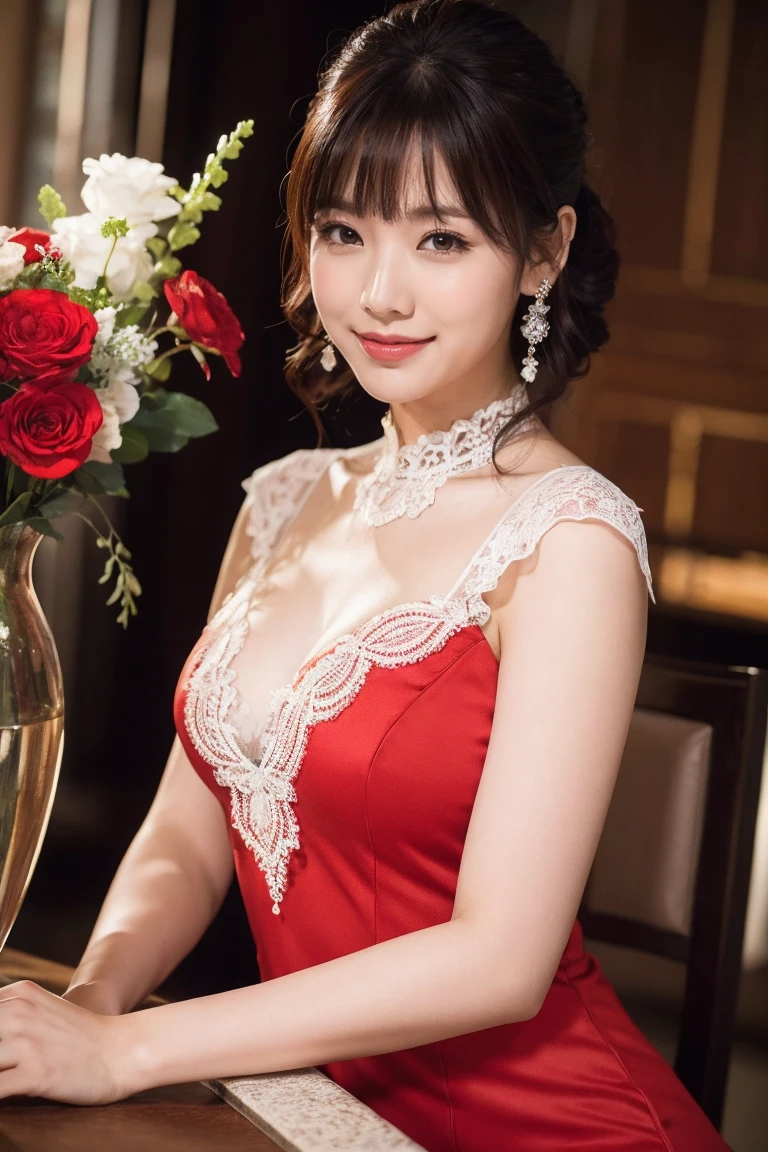 Medium display, Medium Shot, Written boundary depth, bust, whole body, Movie angle, masterpiece, highest quality, Very detailed, CG, 8k wallpaper, Beautiful Face, Delicate eyes, Otome, alone, smile, bangs、shirt, Crimson Dress,High heels、vase