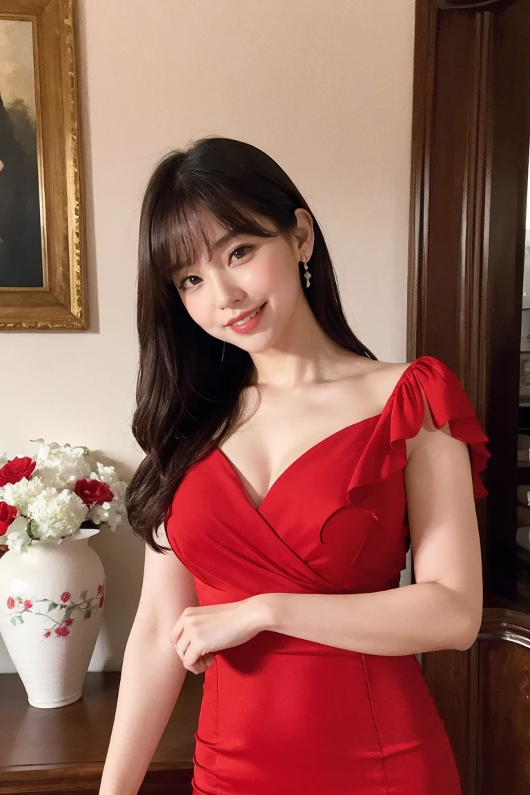 Medium display, Medium Shot, Written boundary depth, bust, whole body, Movie angle, masterpiece, highest quality, Very detailed, CG, 8k wallpaper, Beautiful Face, Delicate eyes, Otome, alone, smile, bangs、shirt, Crimson Dress,High heels、vase